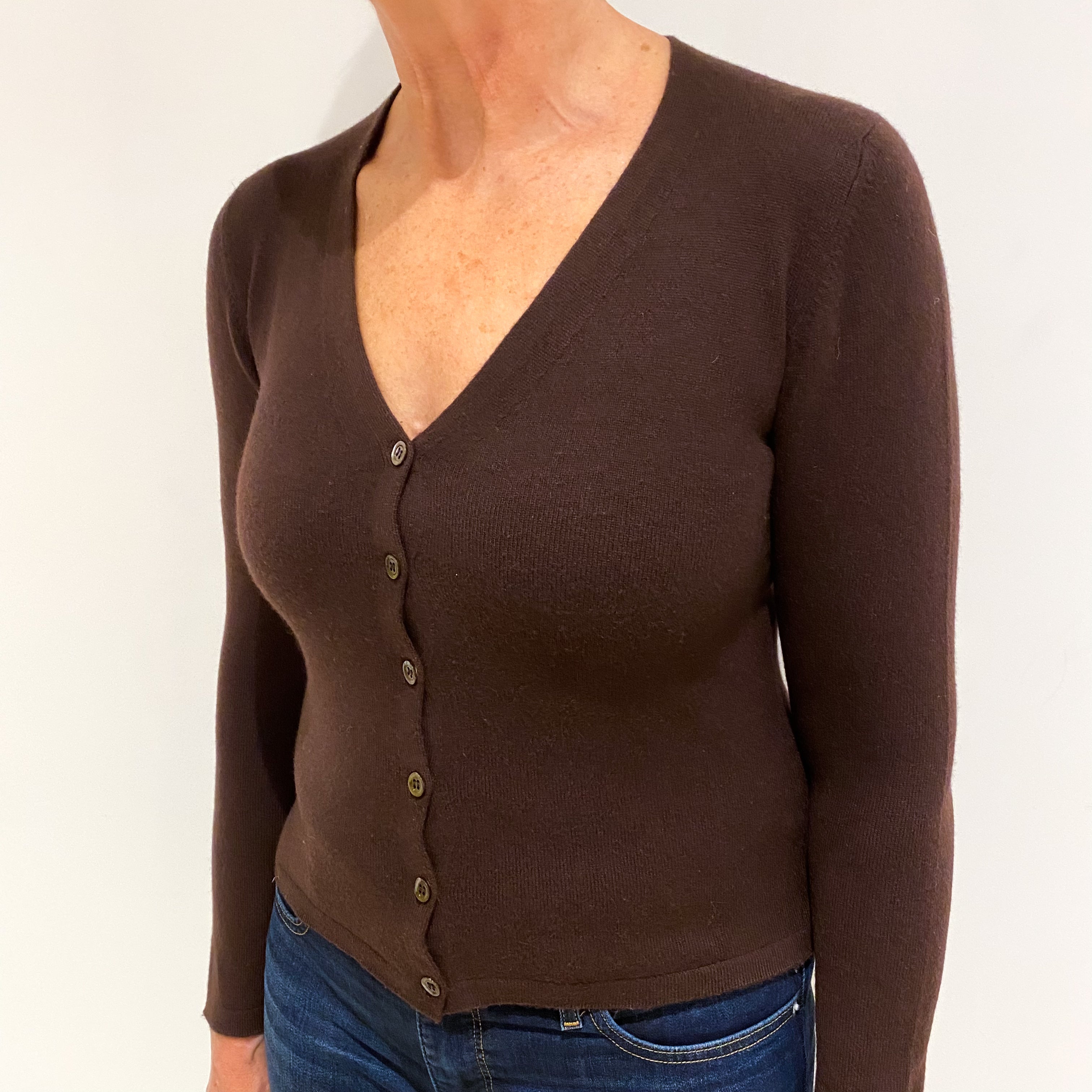 Chocolate Brown Cashmere V Neck Cardigan Medium