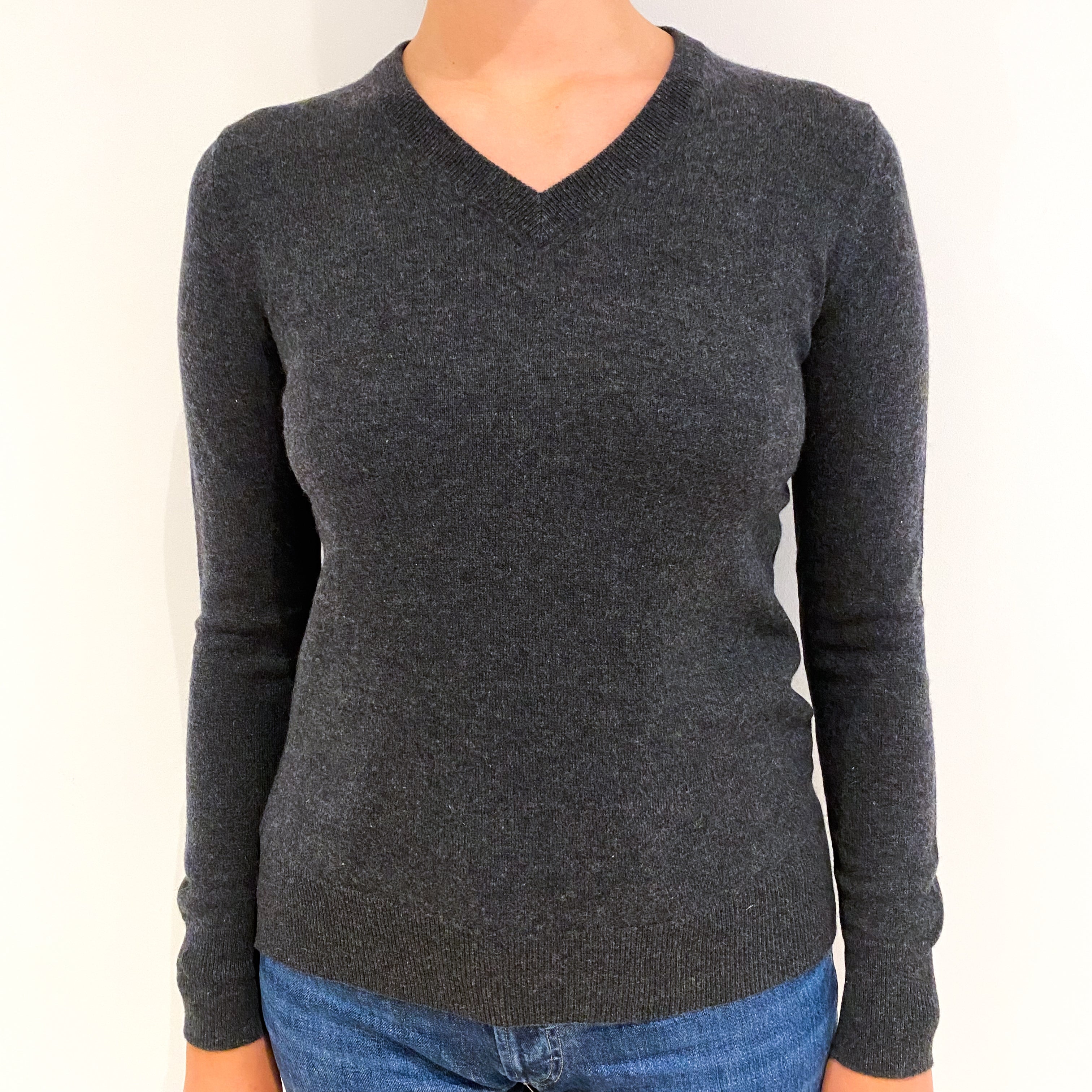 Charcoal Grey Cashmere V-Neck Jumper Small