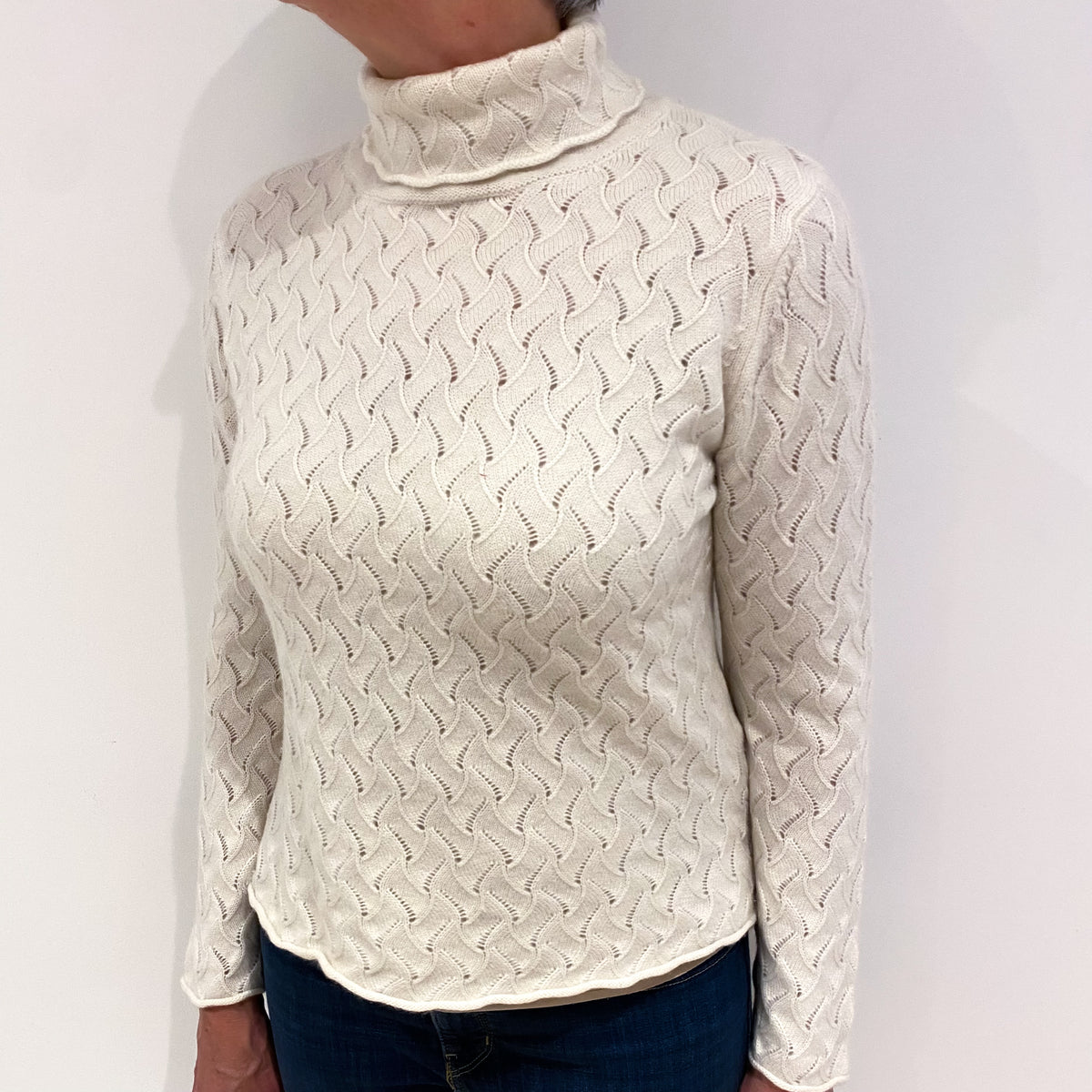 Ivory Lace Knit Cashmere Polo Neck Jumper Medium