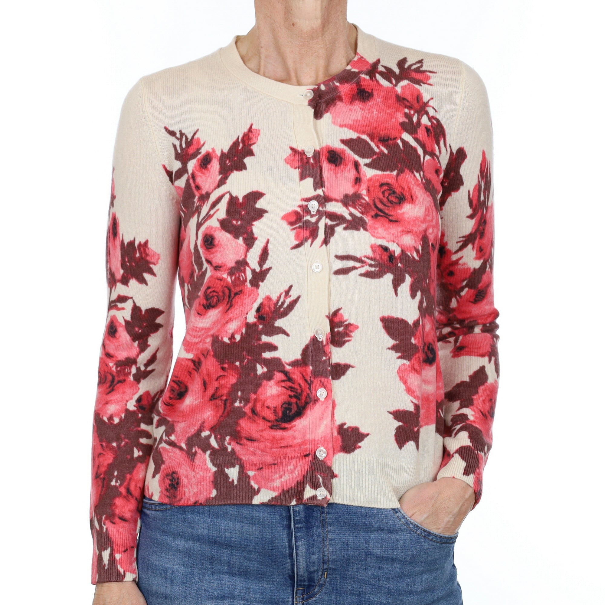 Cream and Pink Floral Cashmere Crew Neck Cardigan Small