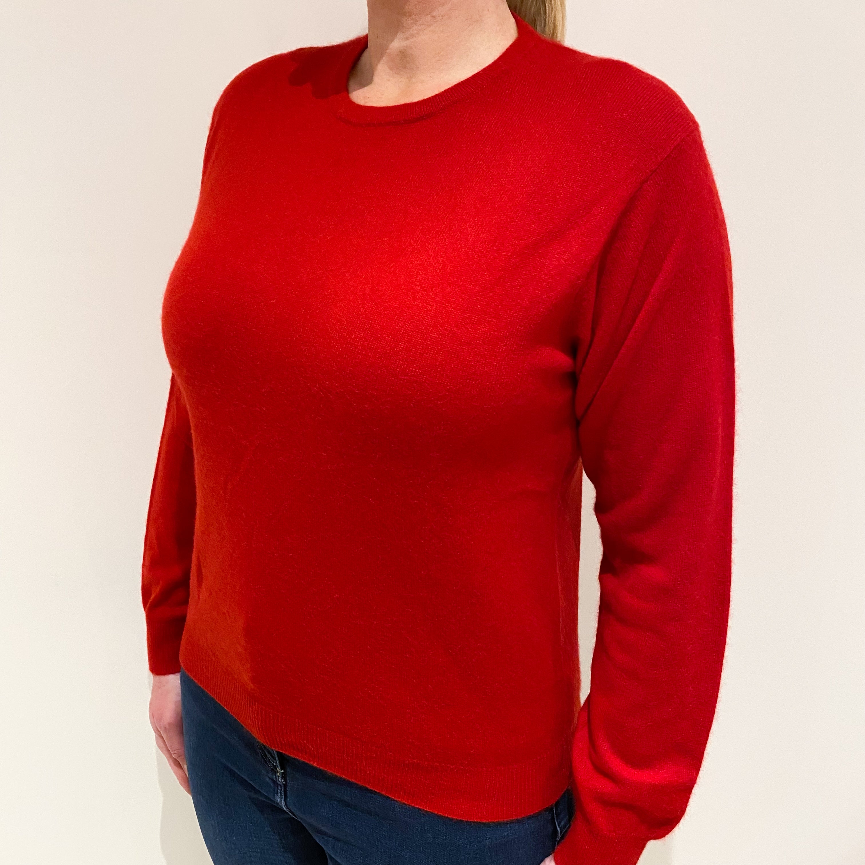 Bright Scarlet Red Cashmere Low Crew Neck Jumper Large