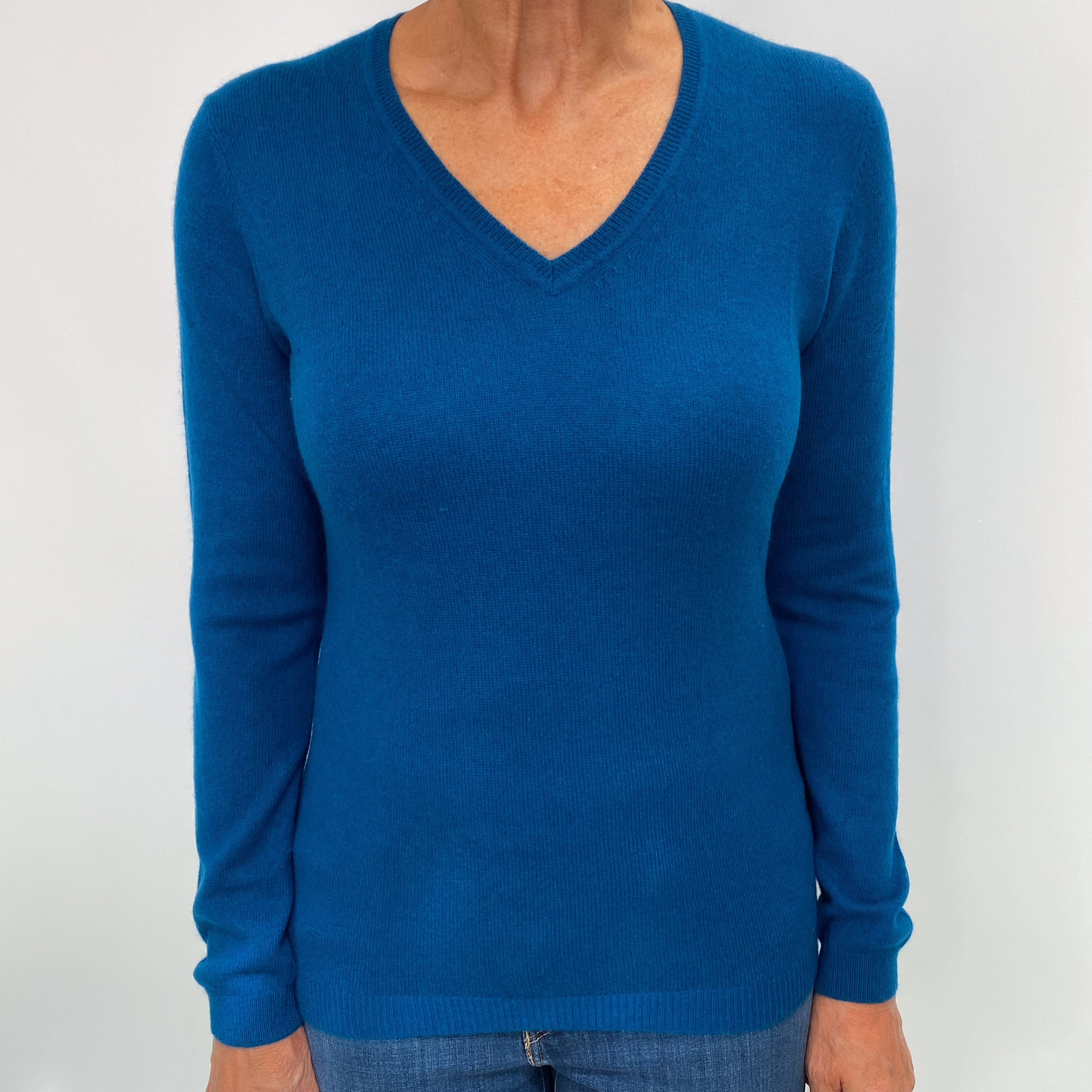 Deep Ocean Blue Cashmere V Neck Jumper Medium