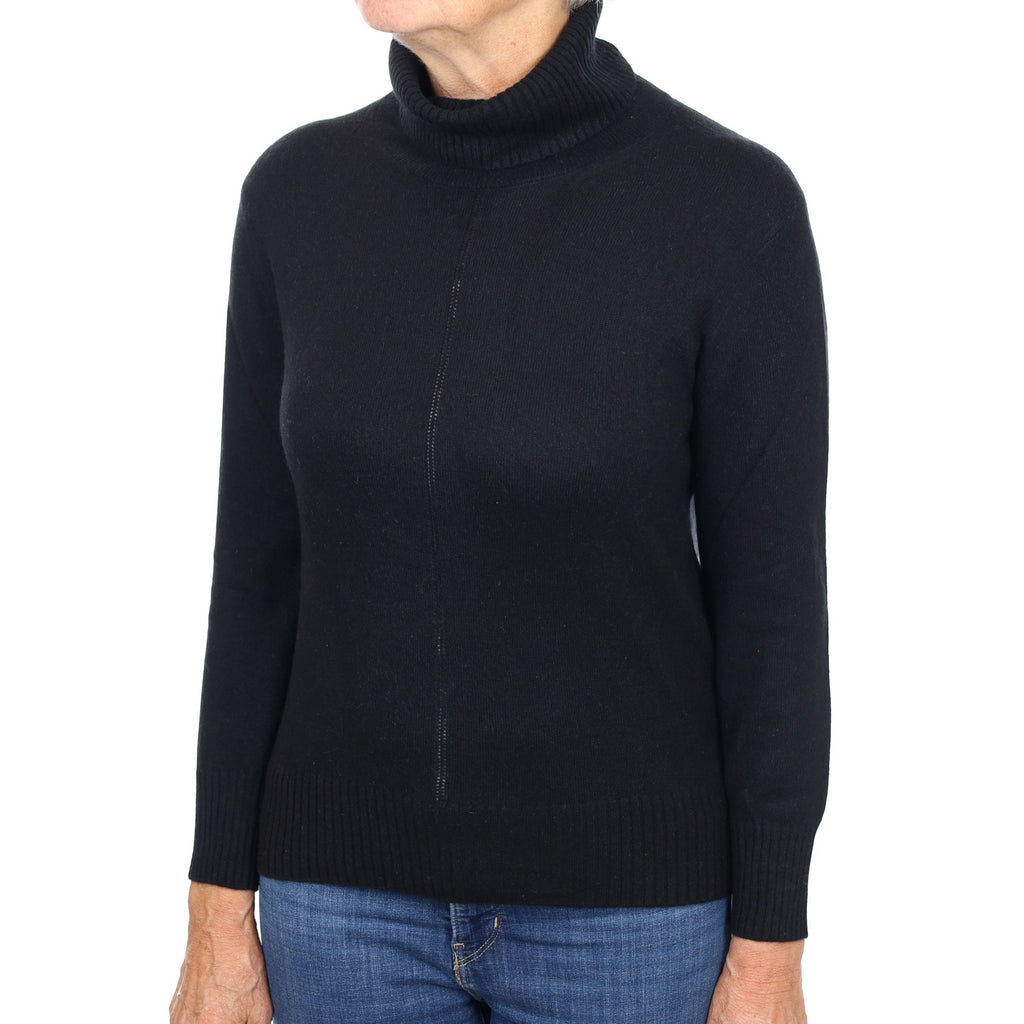 Black Seam Detail Cashmere Polo Neck Jumper Medium