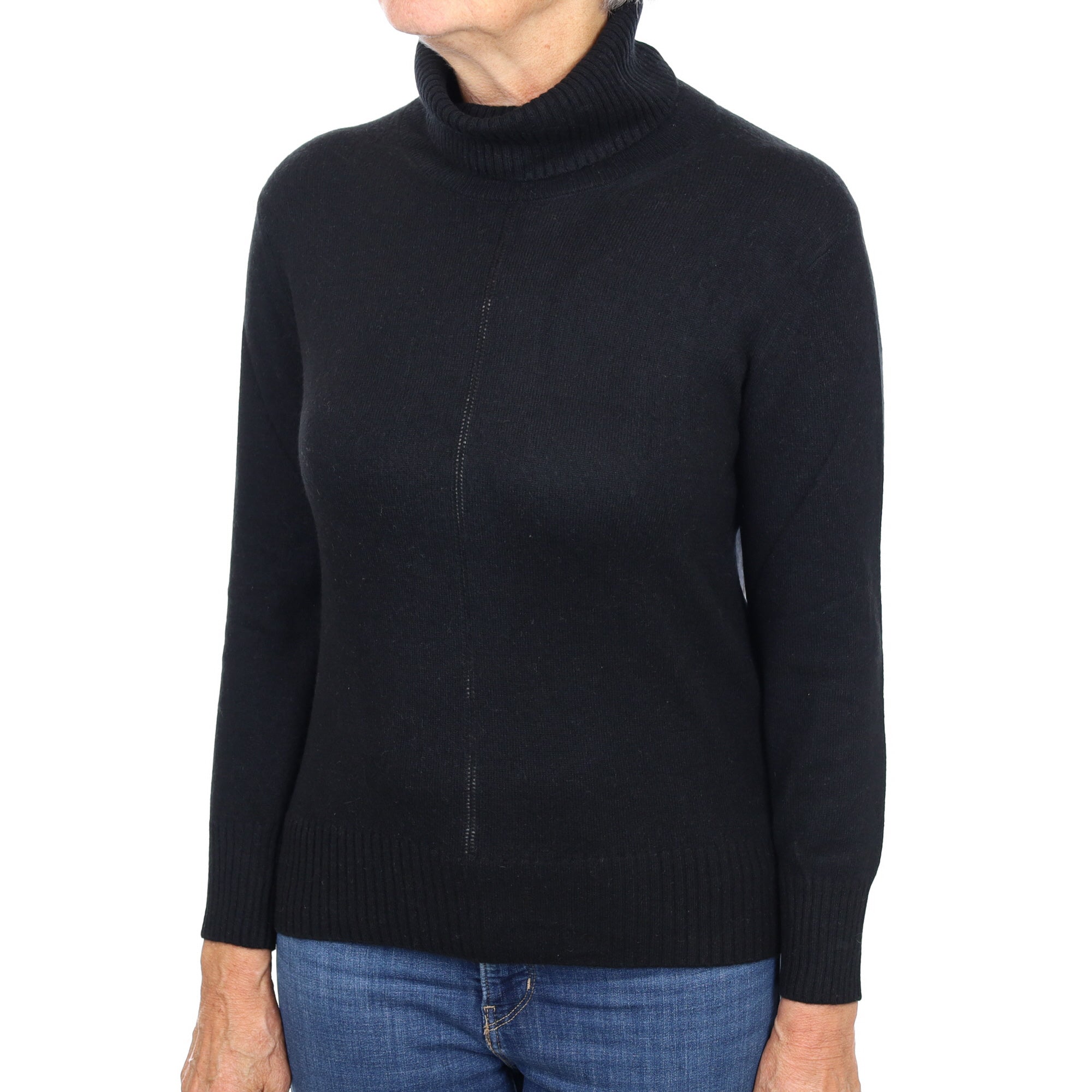Black Seam Detail Cashmere Polo Neck Jumper Medium