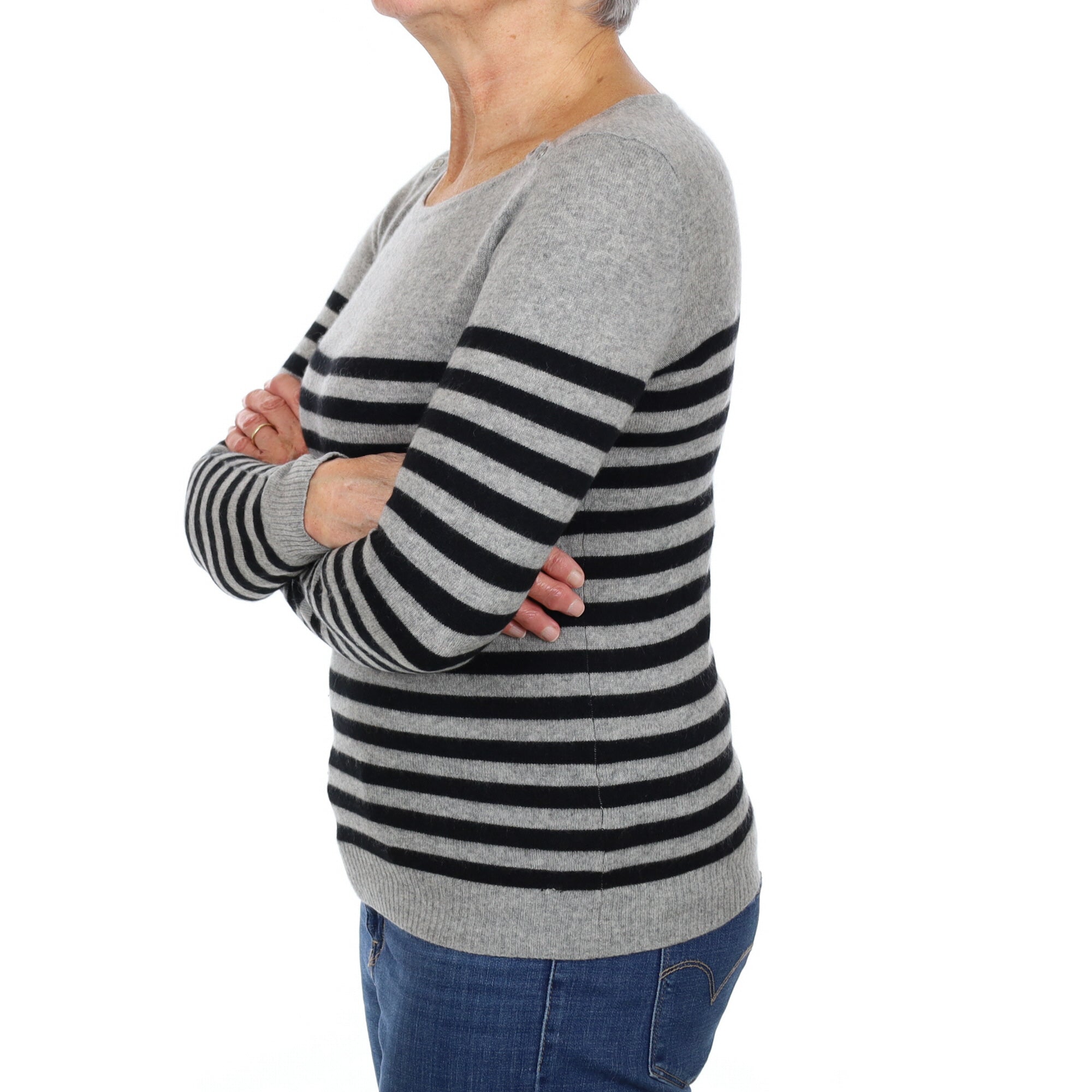 Grey and Black Striped Cashmere Crew Neck Jumper Medium