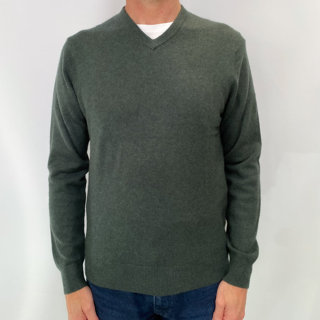 Forest Green Men's Cashmere V Neck Jumper Small