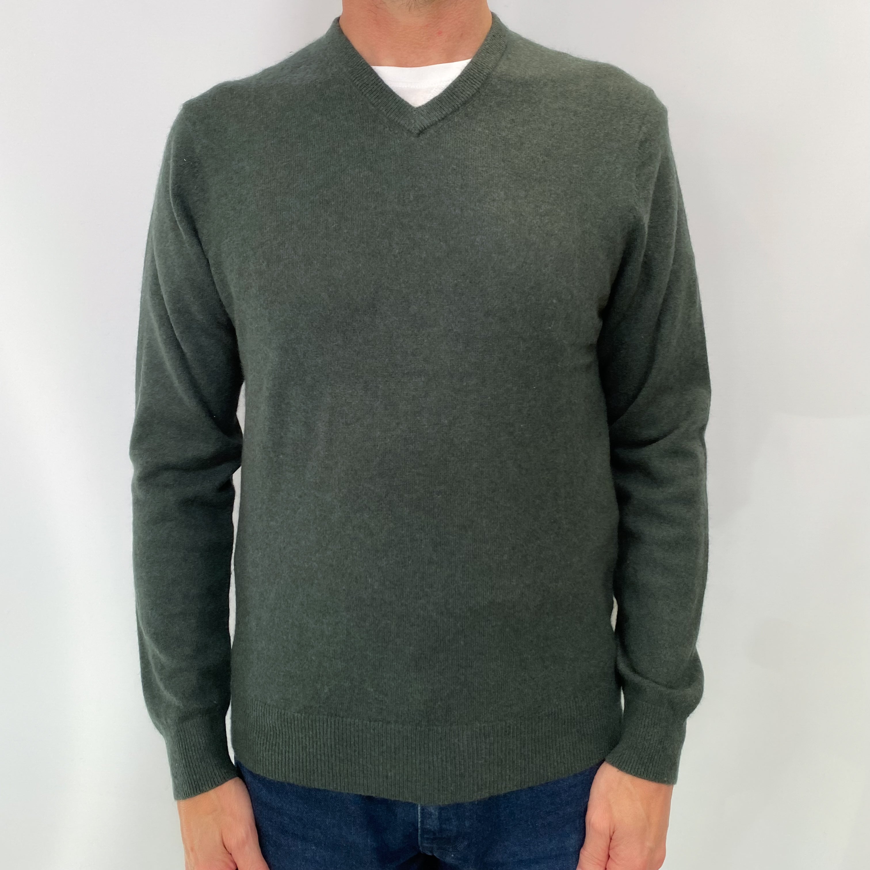 Forest Green Men's Cashmere V Neck Jumper Small