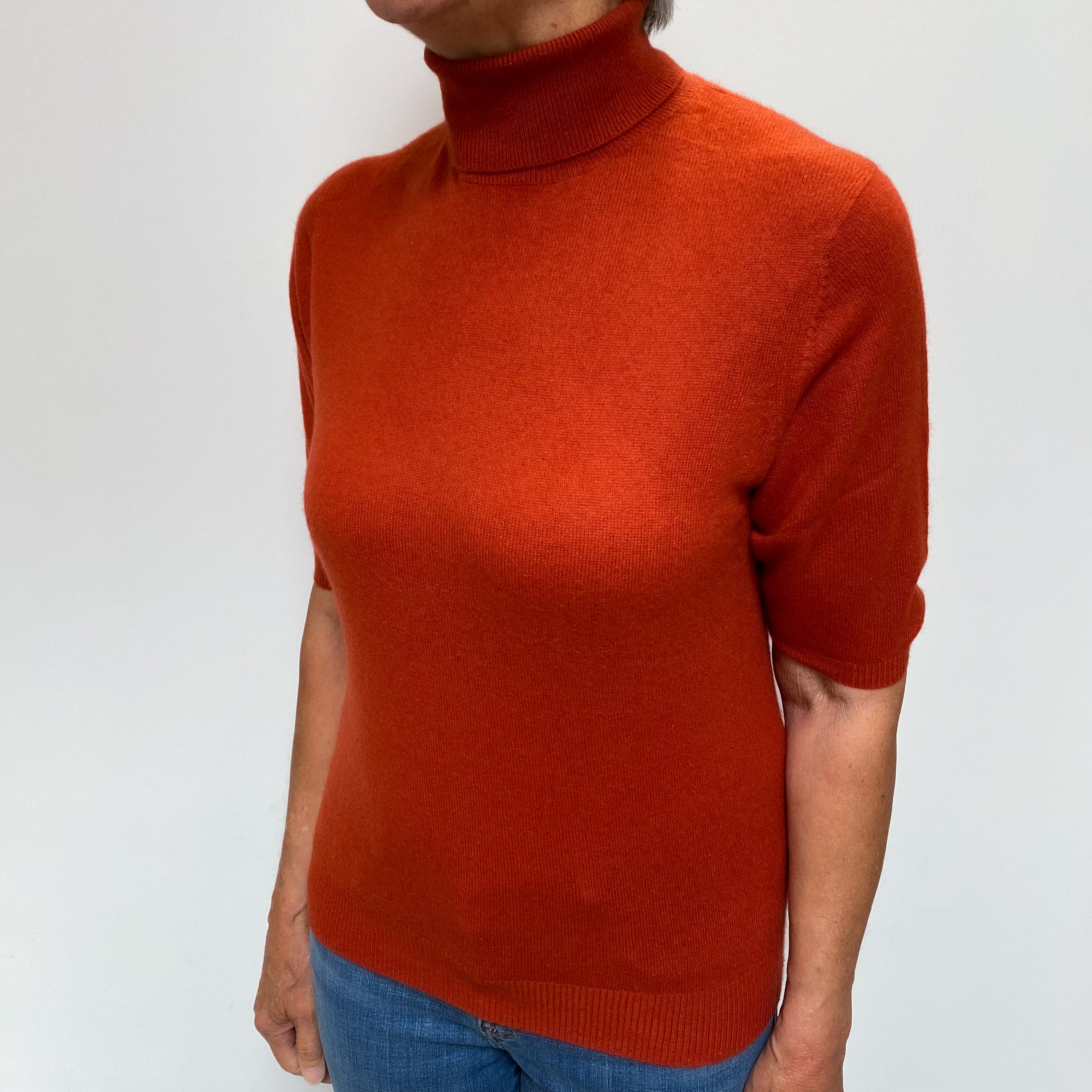 Rust Orange Cashmere Polo Neck Short Sleeved Jumper Medium