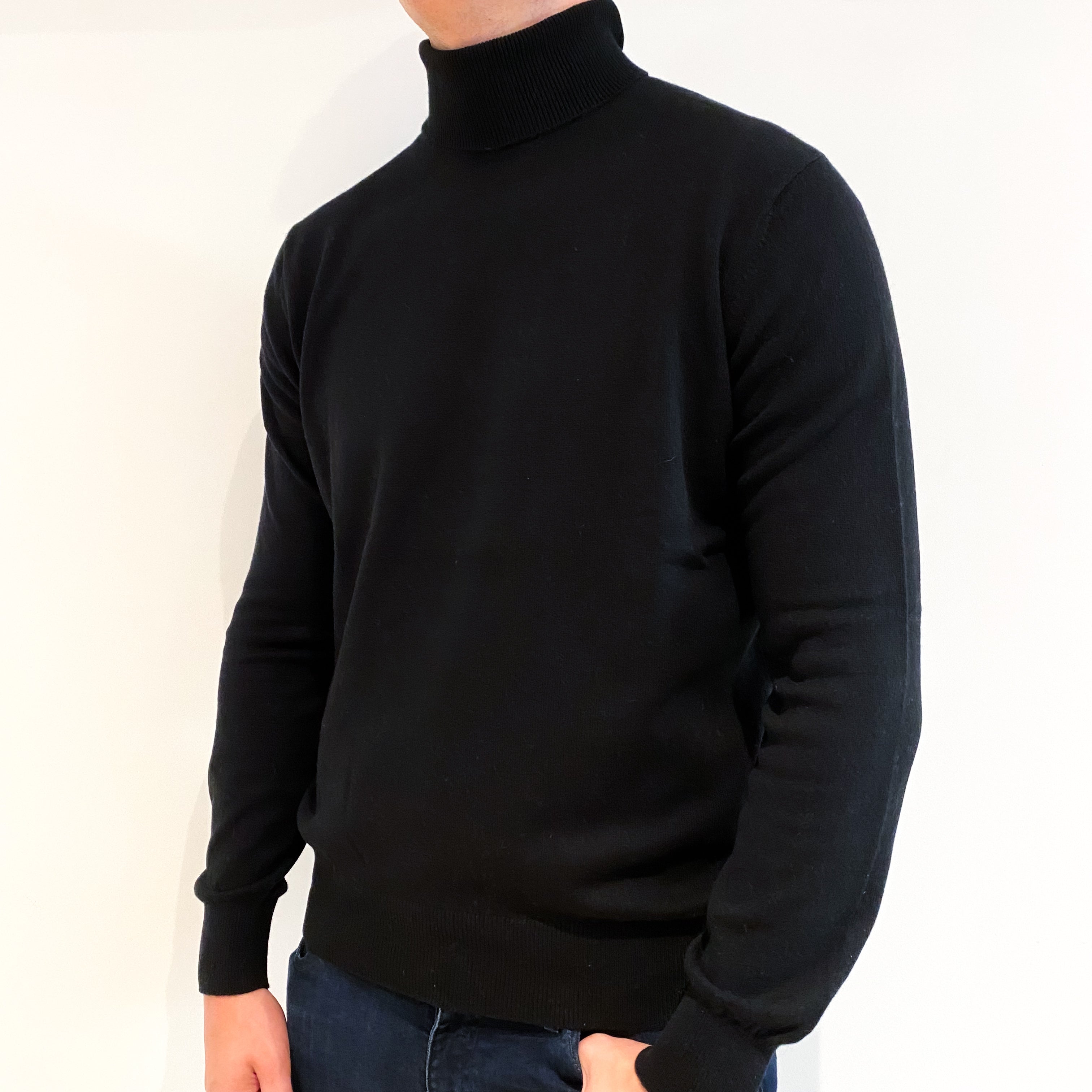 Men's Black Cashmere Polo Neck Jumper Extra Large