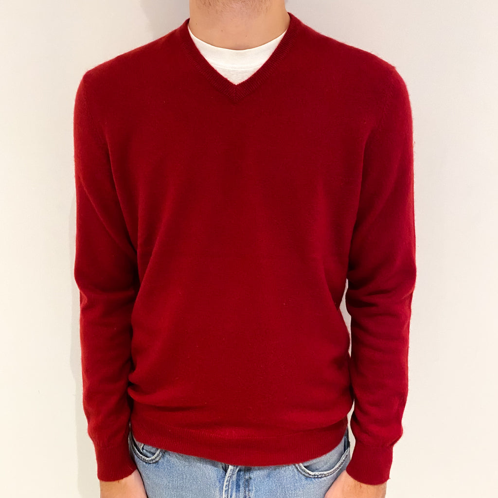 Men's Crimson Red Cashmere V-Neck Jumper Large