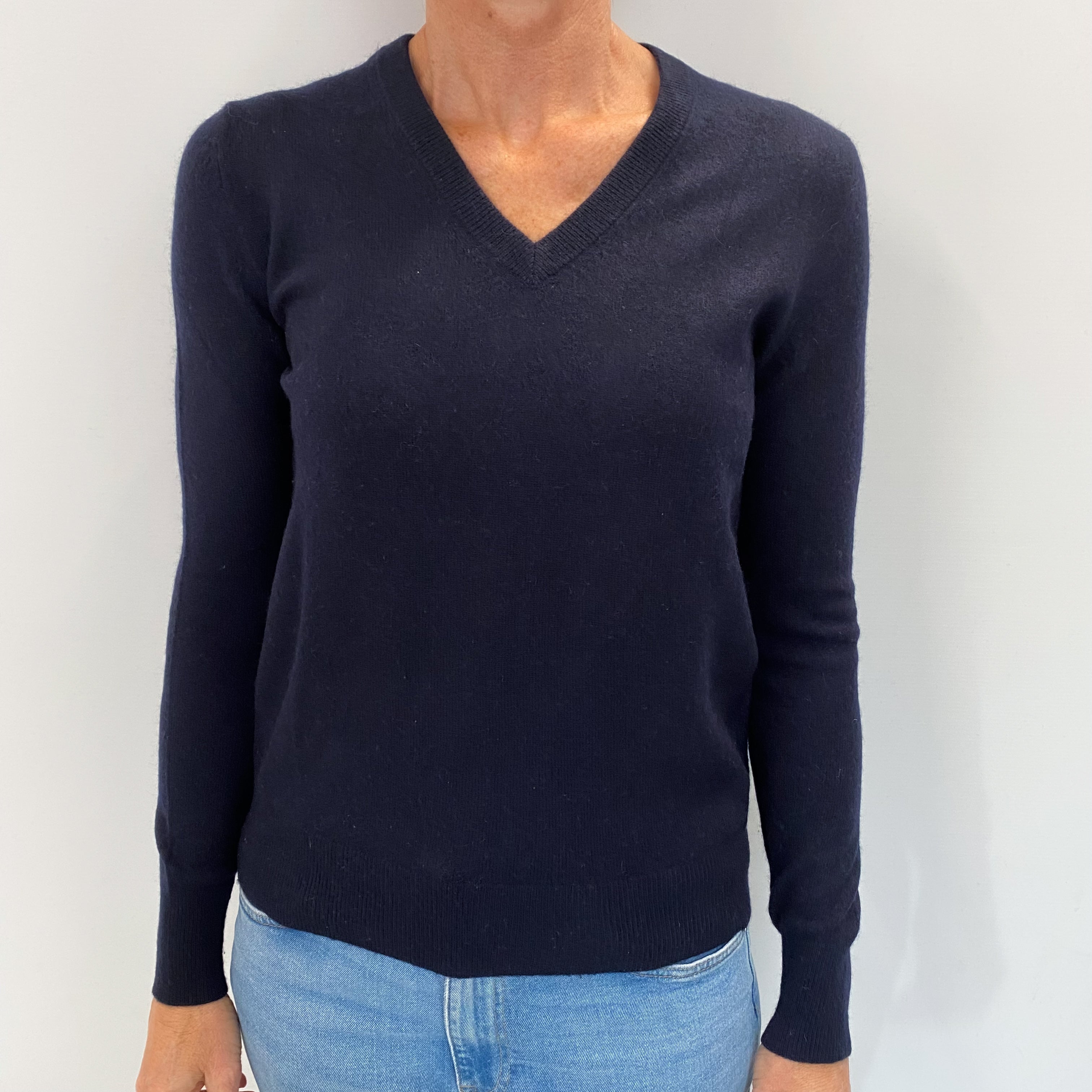 Navy Blue Cashmere V Neck Jumper Small