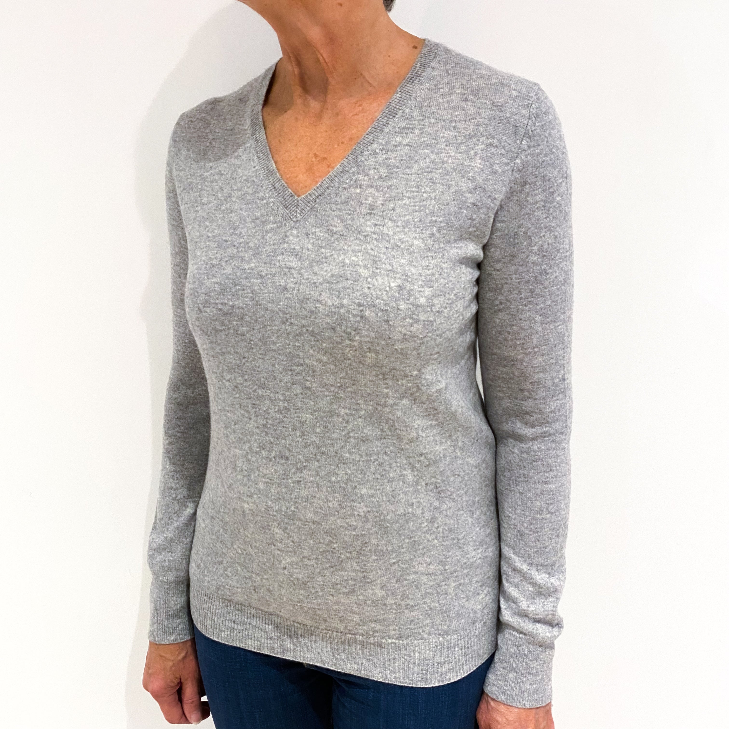 Ash Grey Cashmere V-Neck Jumper Medium