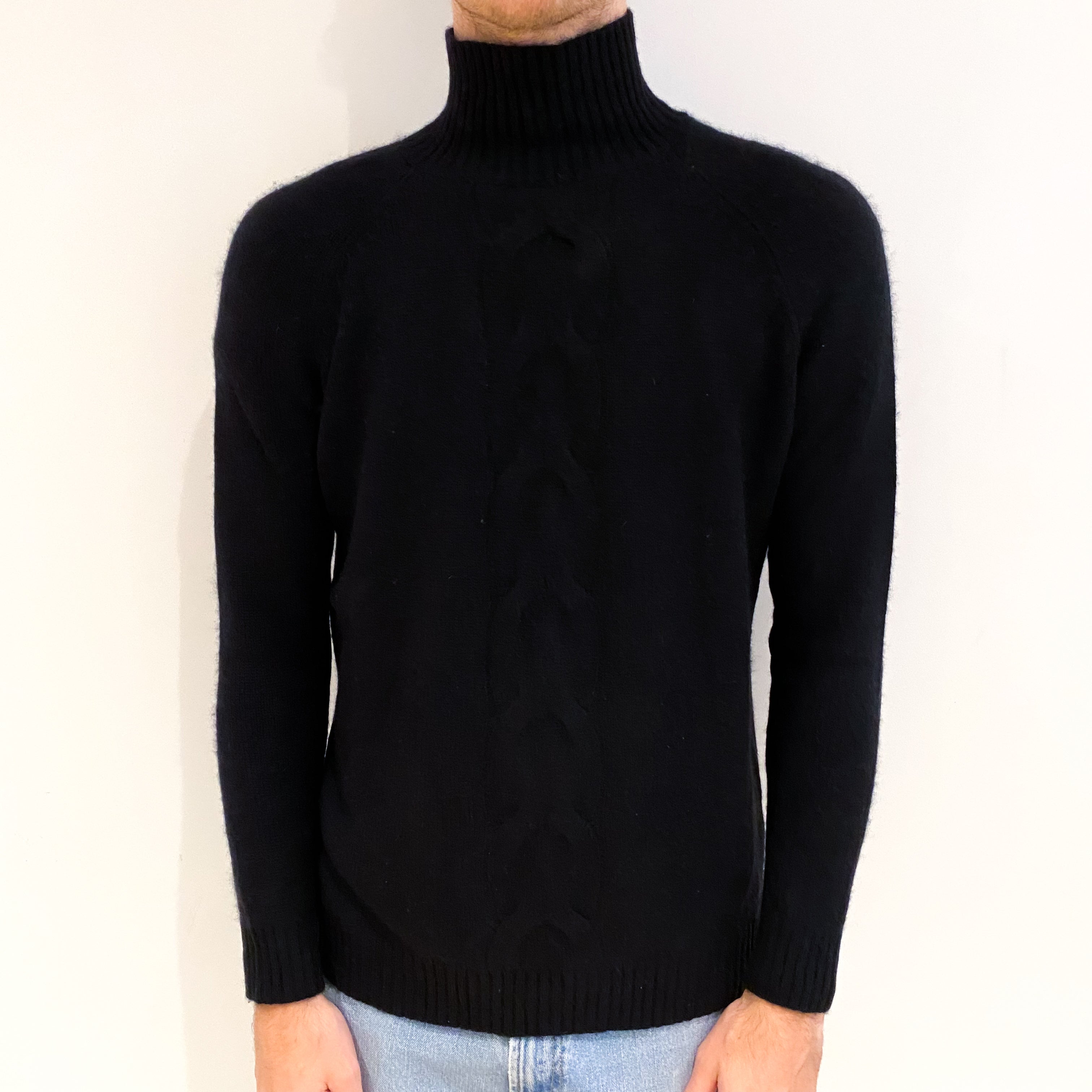 Men's Black Cable Detail Cashmere Turtle Neck Jumper Medium