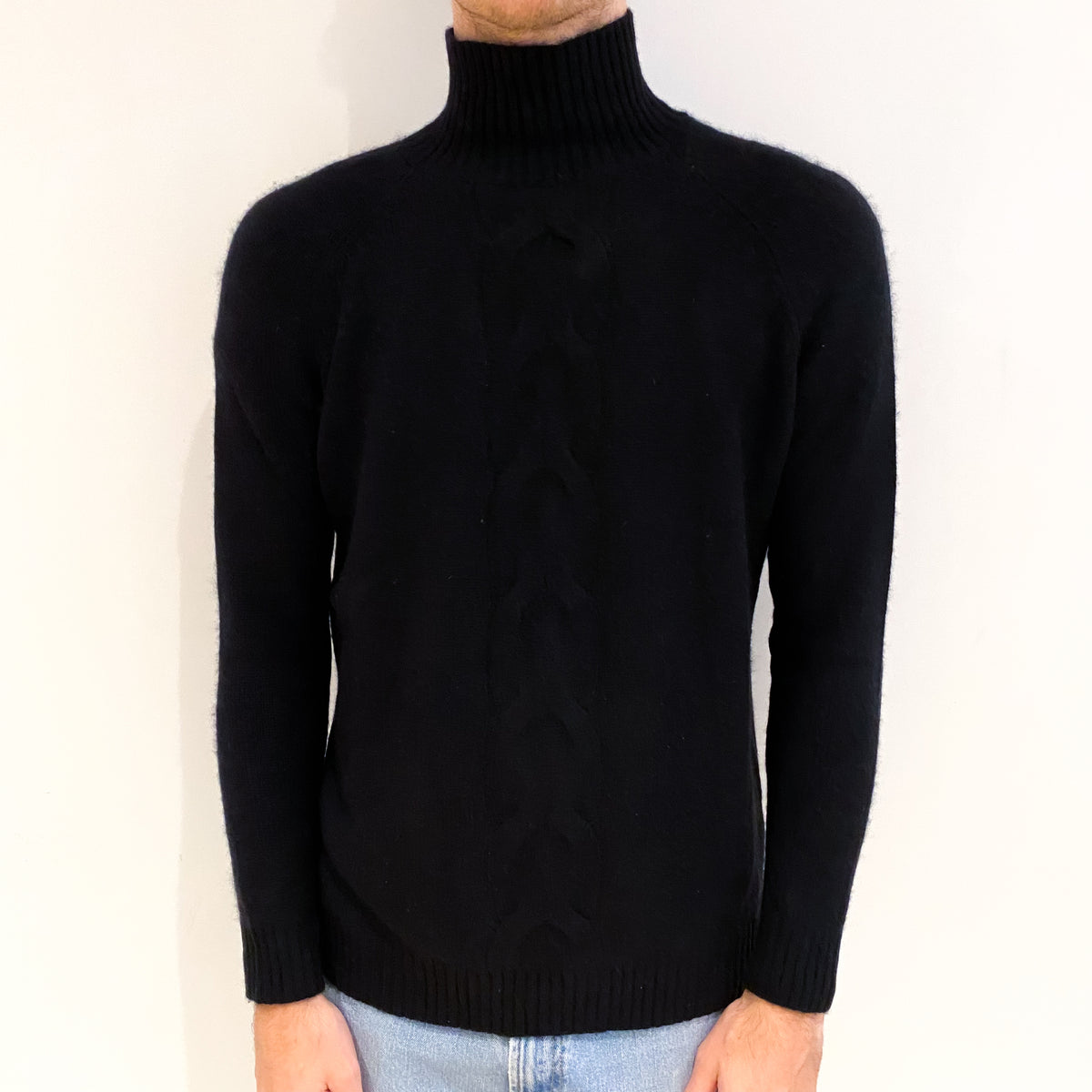 Men's Black Cable Detail Cashmere Turtle Neck Jumper Medium