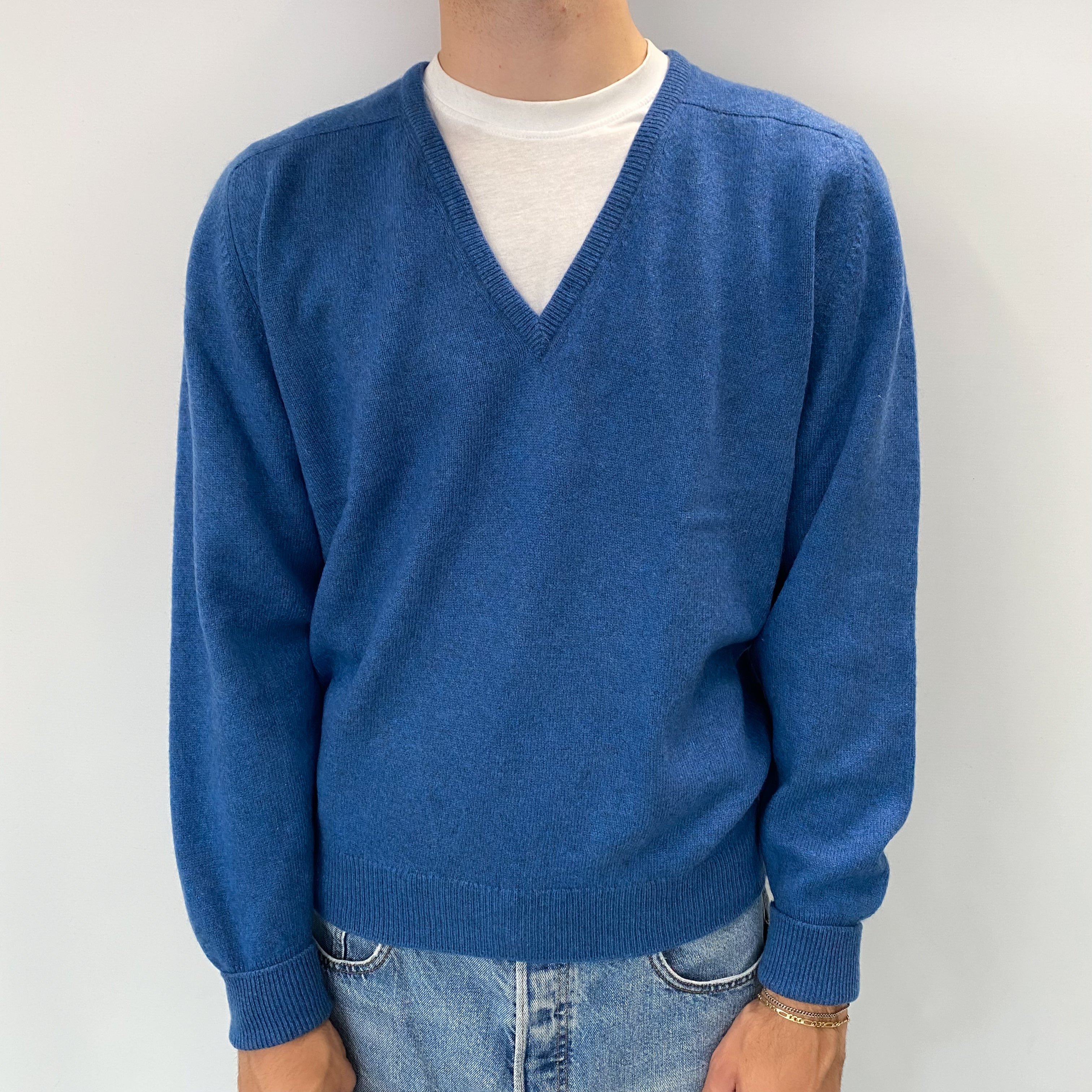 Men's Vintage Pringle Tanzanite Blue Cashmere V Neck Jumper Large
