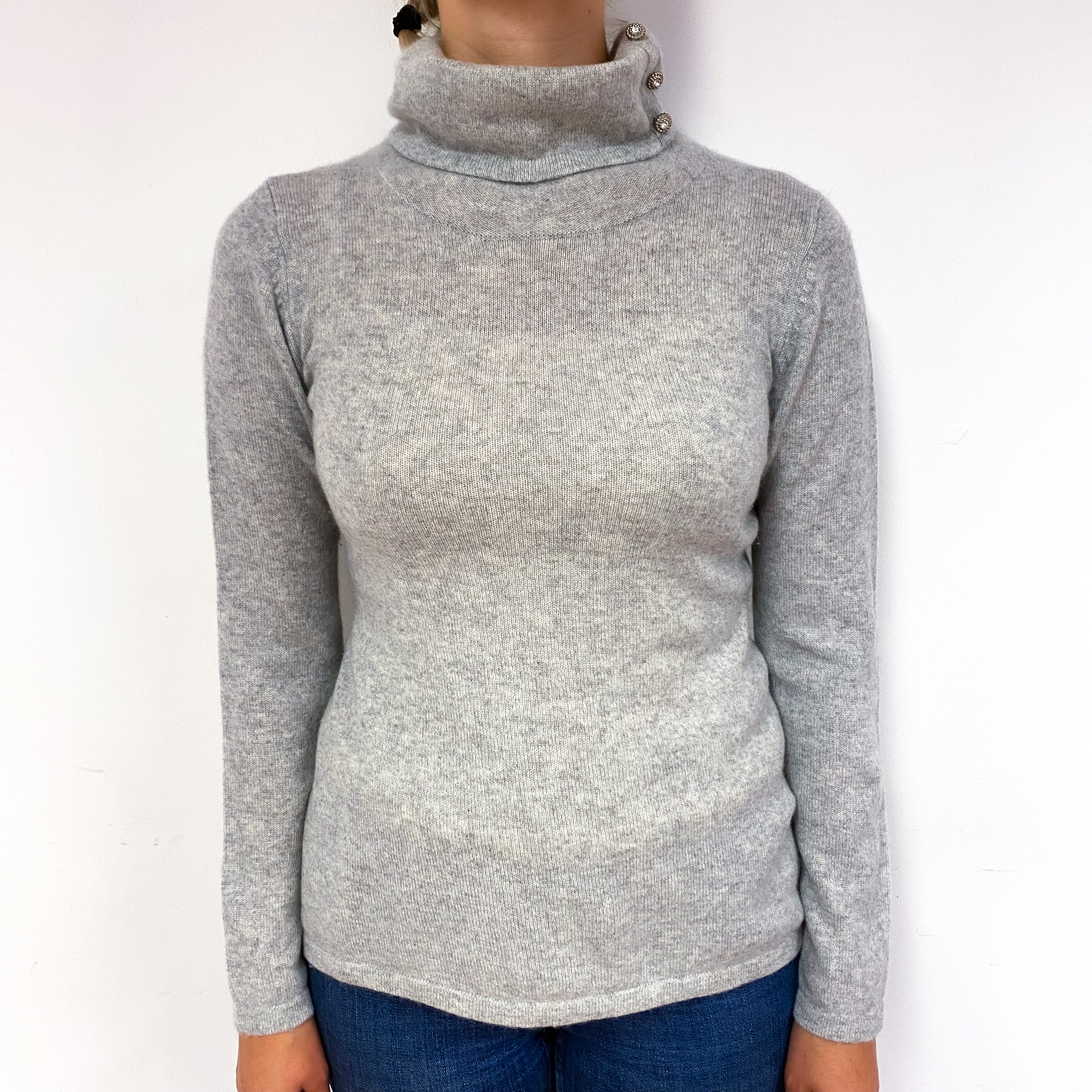 Smoke Grey Cashmere Diamanté Button Polo Neck Jumper Small