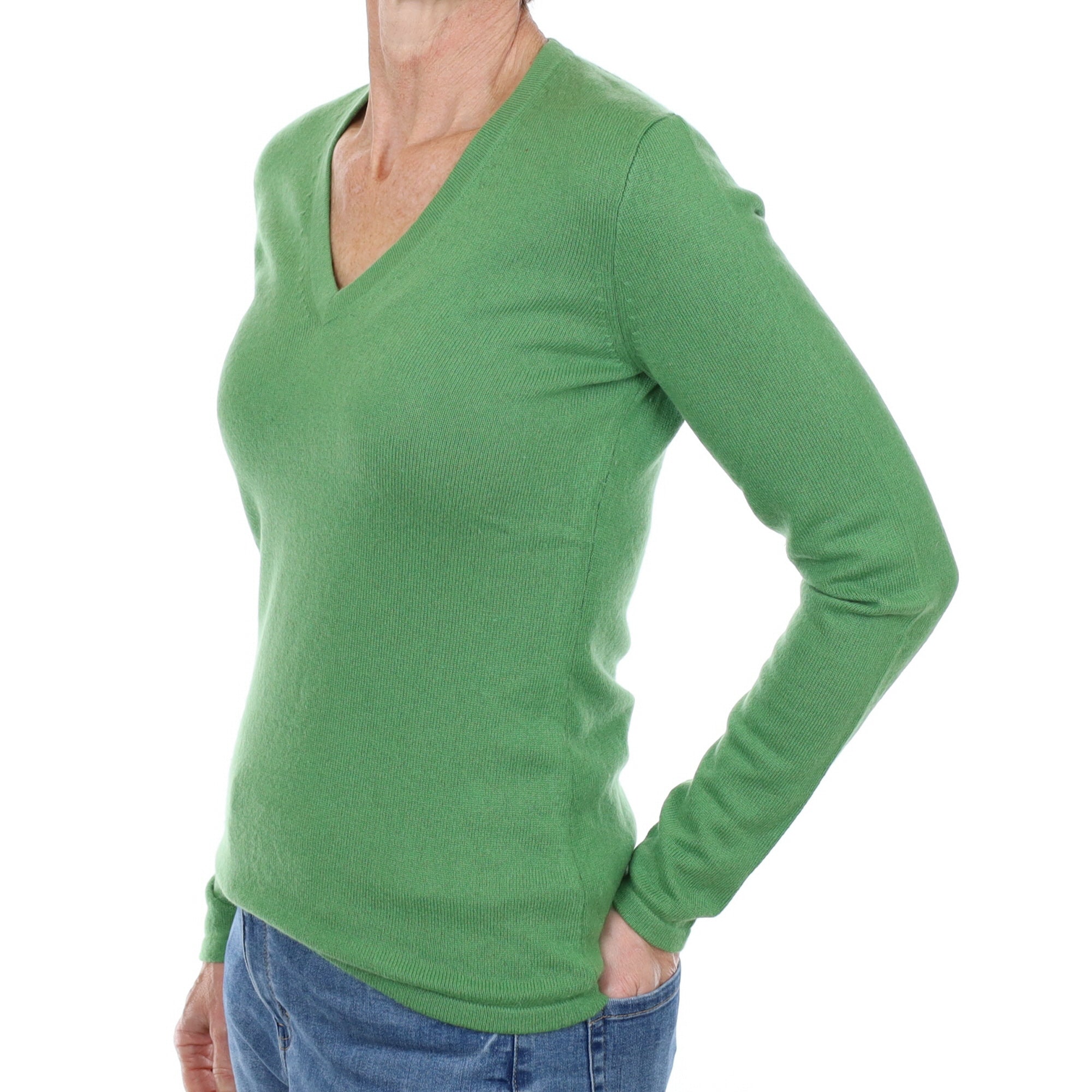 Fern Green Cashmere V Neck Jumper Small