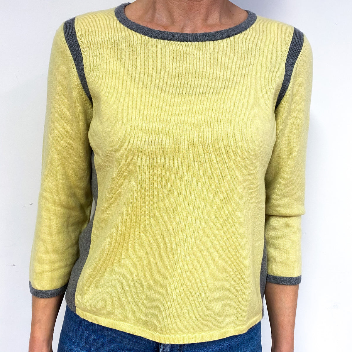 Primrose Yellow And Smoke Grey Cashmere Crew Neck Jumper Medium