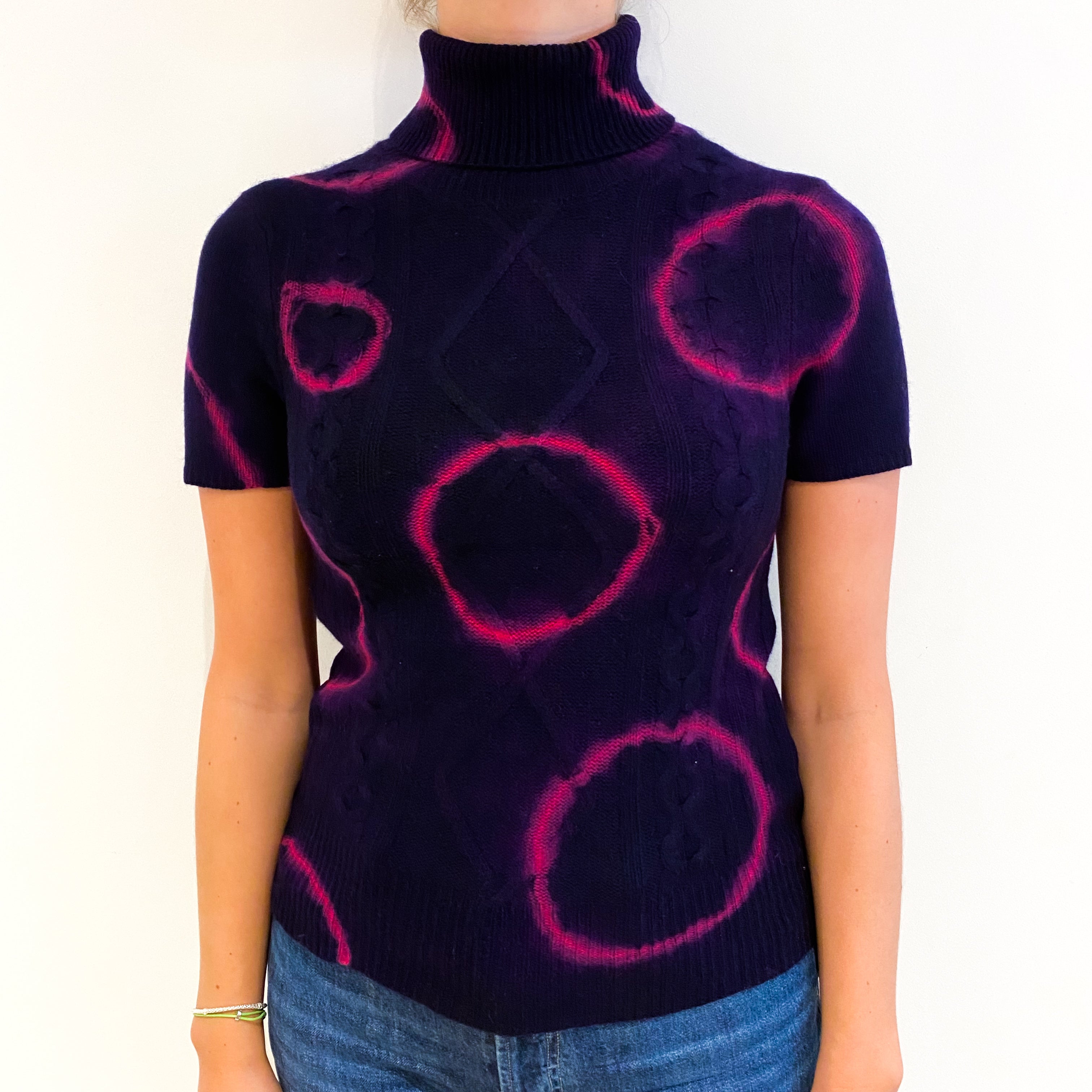 Deep Purple and Neon Pink Cashmere Short Sleeved Polo Neck Jumper Small