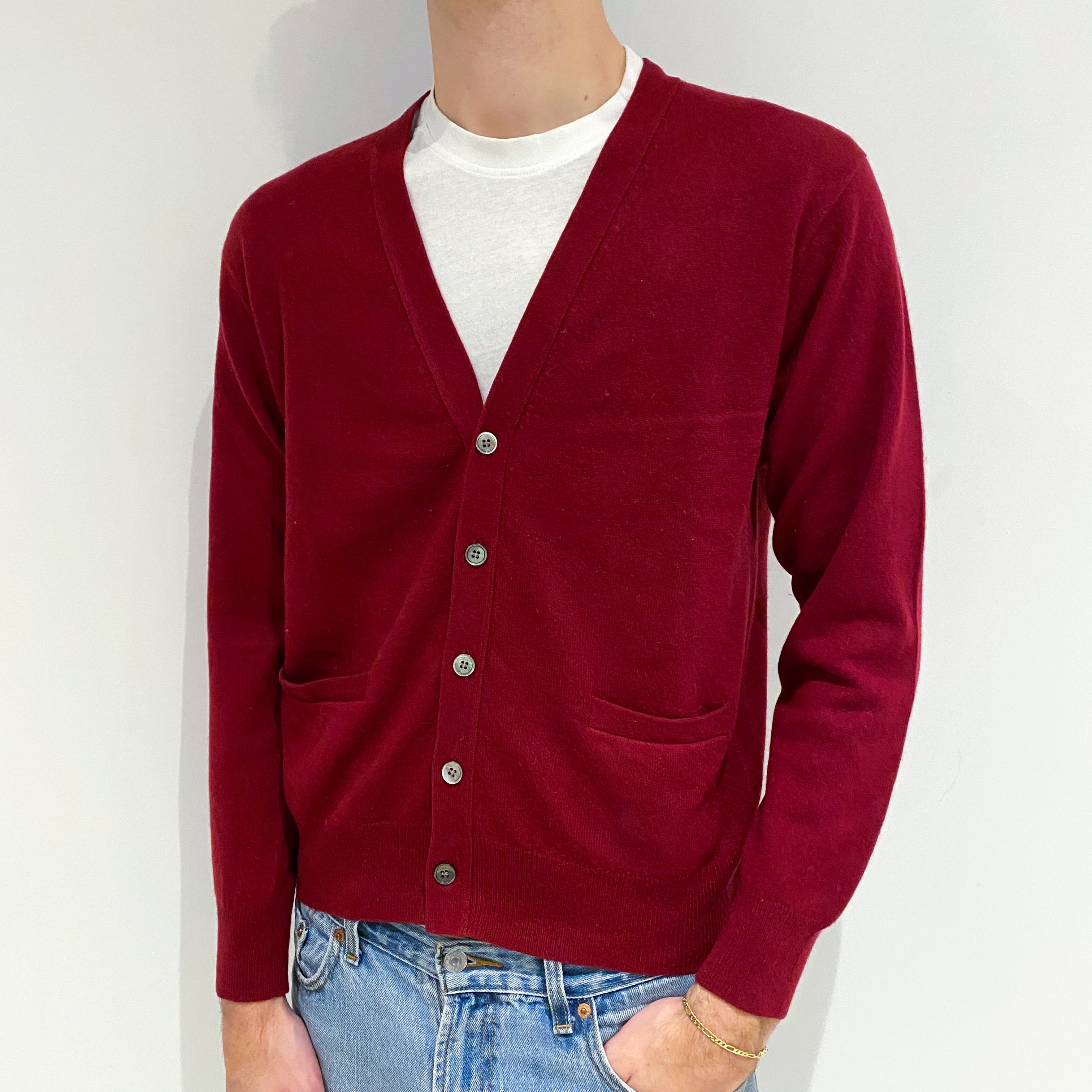 Men's Crimson Red Cashmere V-Neck Cardigan Large