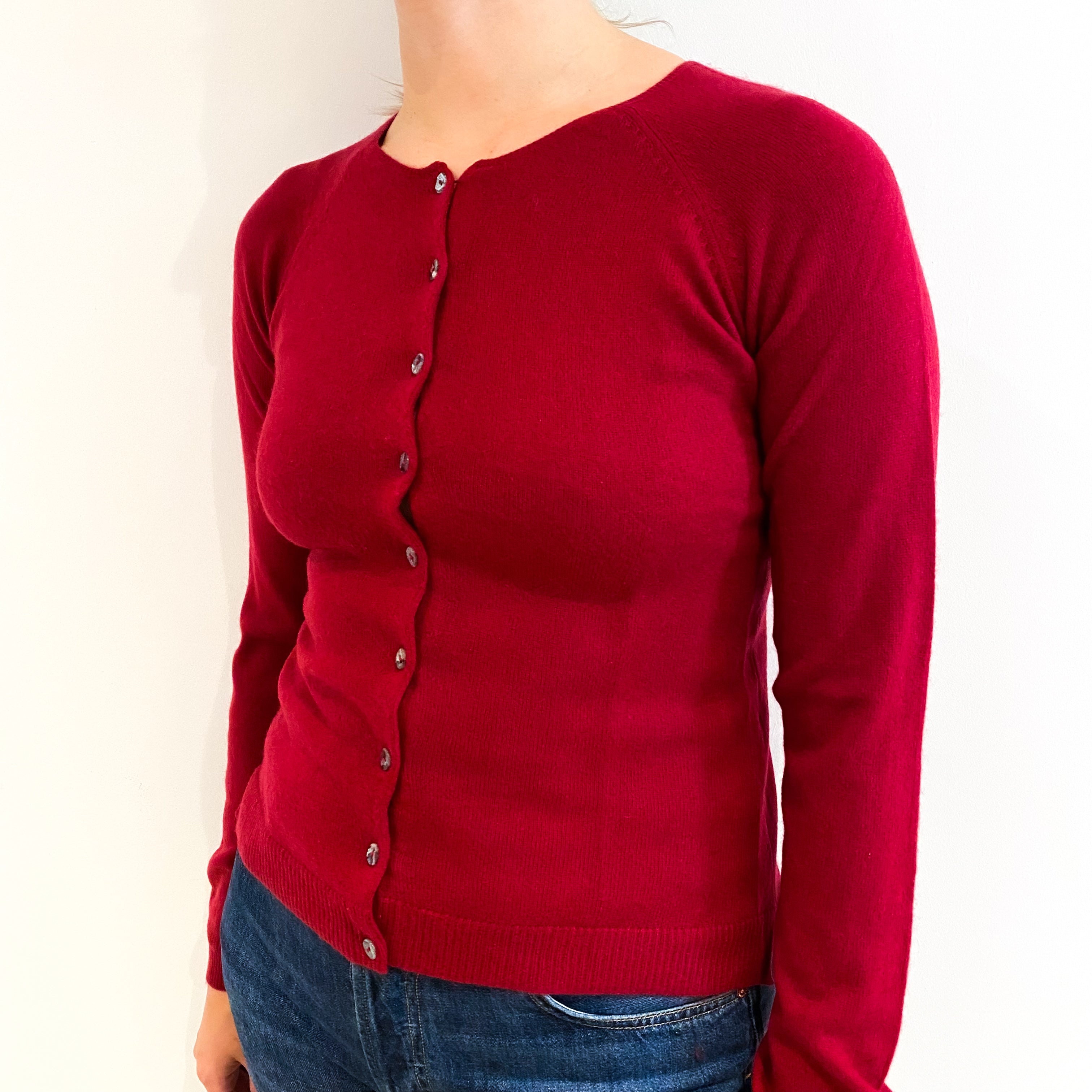 Ruby Red Cashmere Crew Neck Cardigan Small