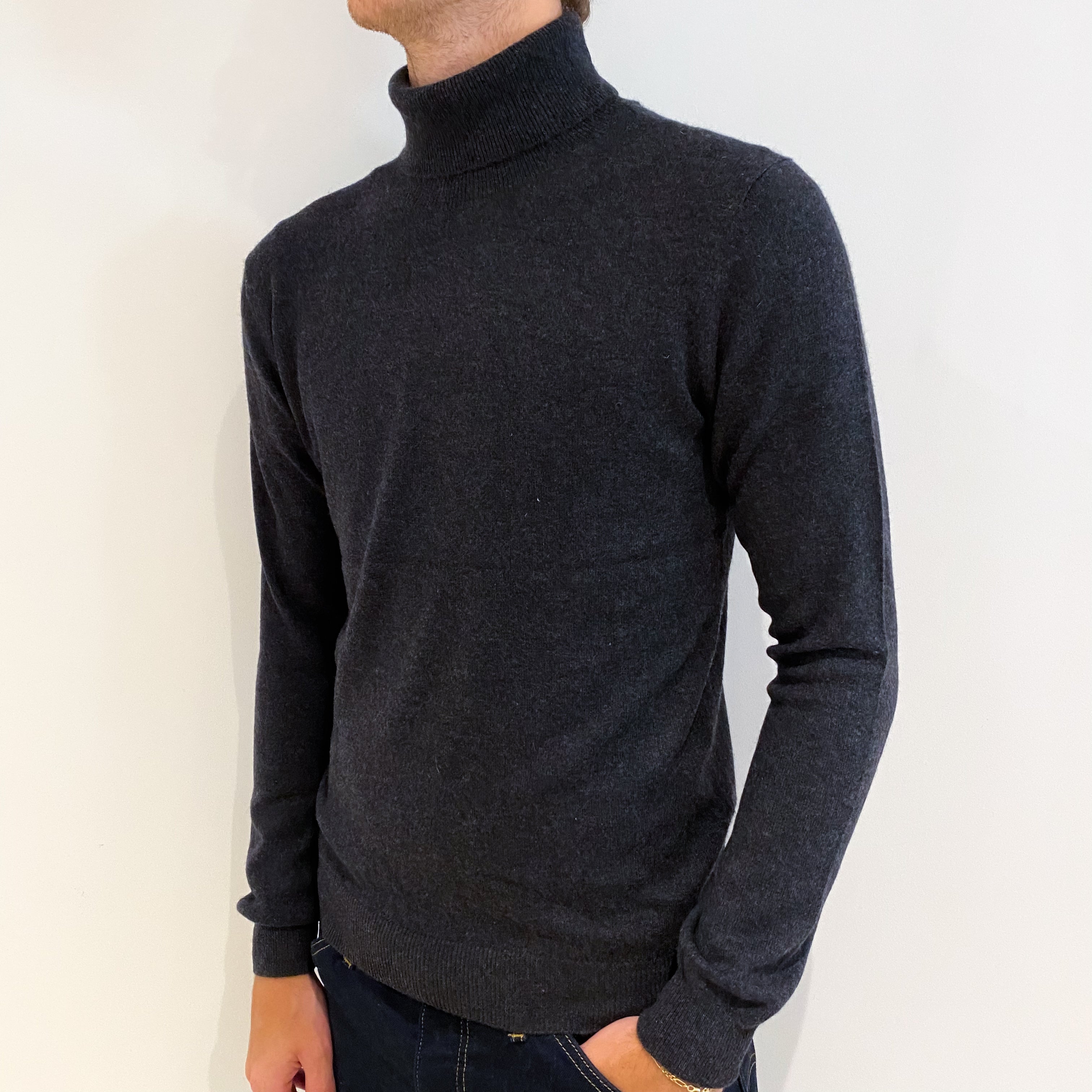 Men's Charcoal Grey Cashmere Polo Neck Jumper Medium