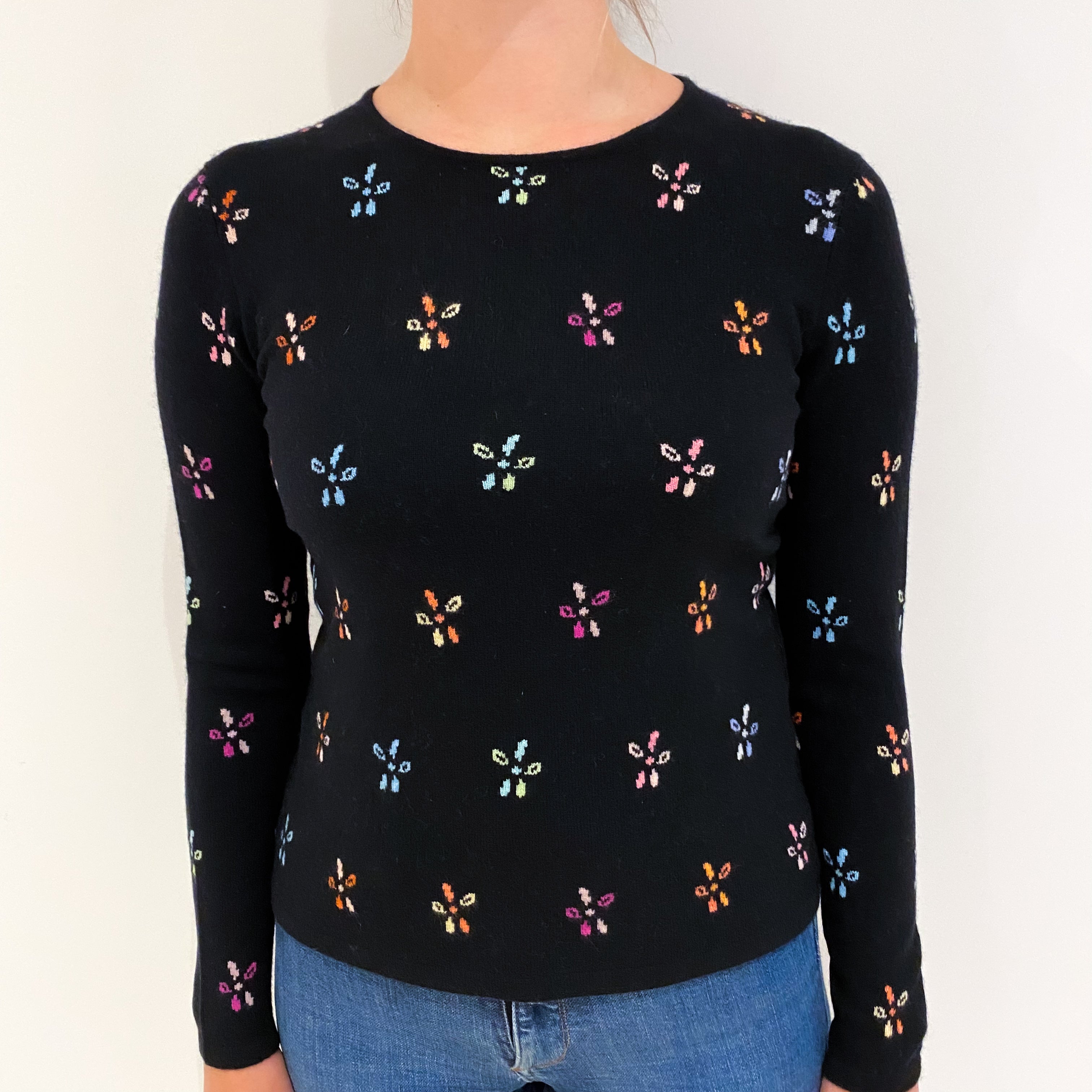 Black Floral Cashmere Crew Neck Jumper Small