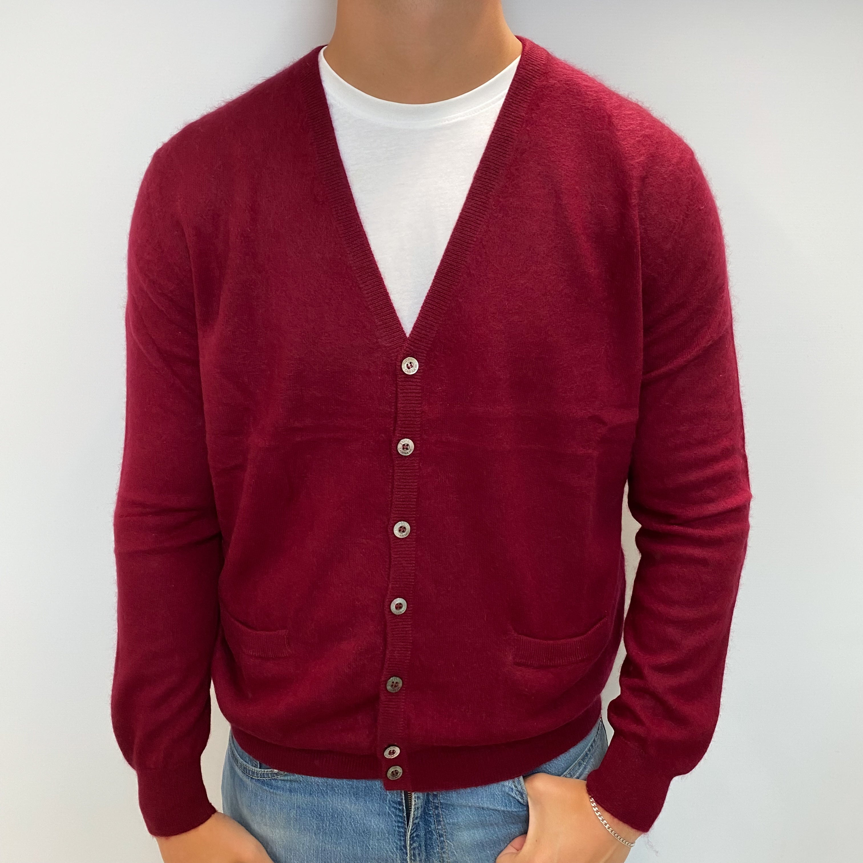 Men's Gobi Burgundy Red Cashmere V Neck Cardigan with Pockets XL