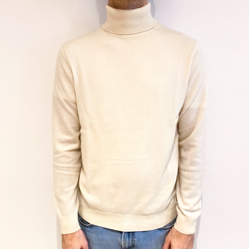 Men's Vanilla Cream Cashmere Polo Neck Jumper Large