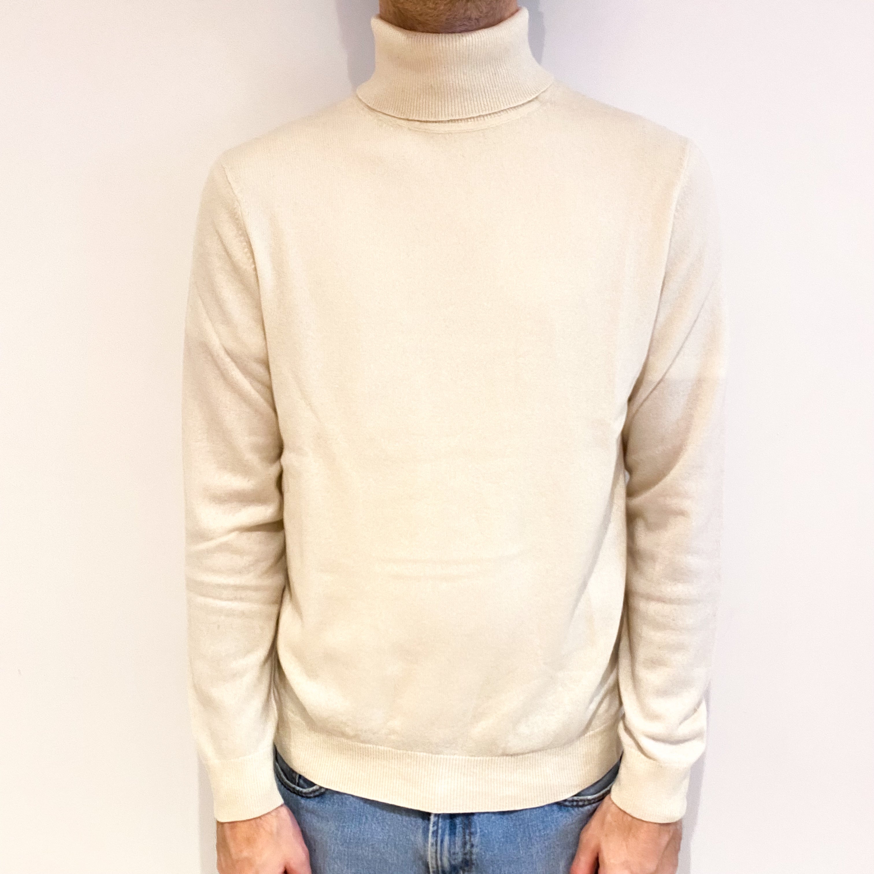 Men's Vanilla Cream Cashmere Polo Neck Jumper Large