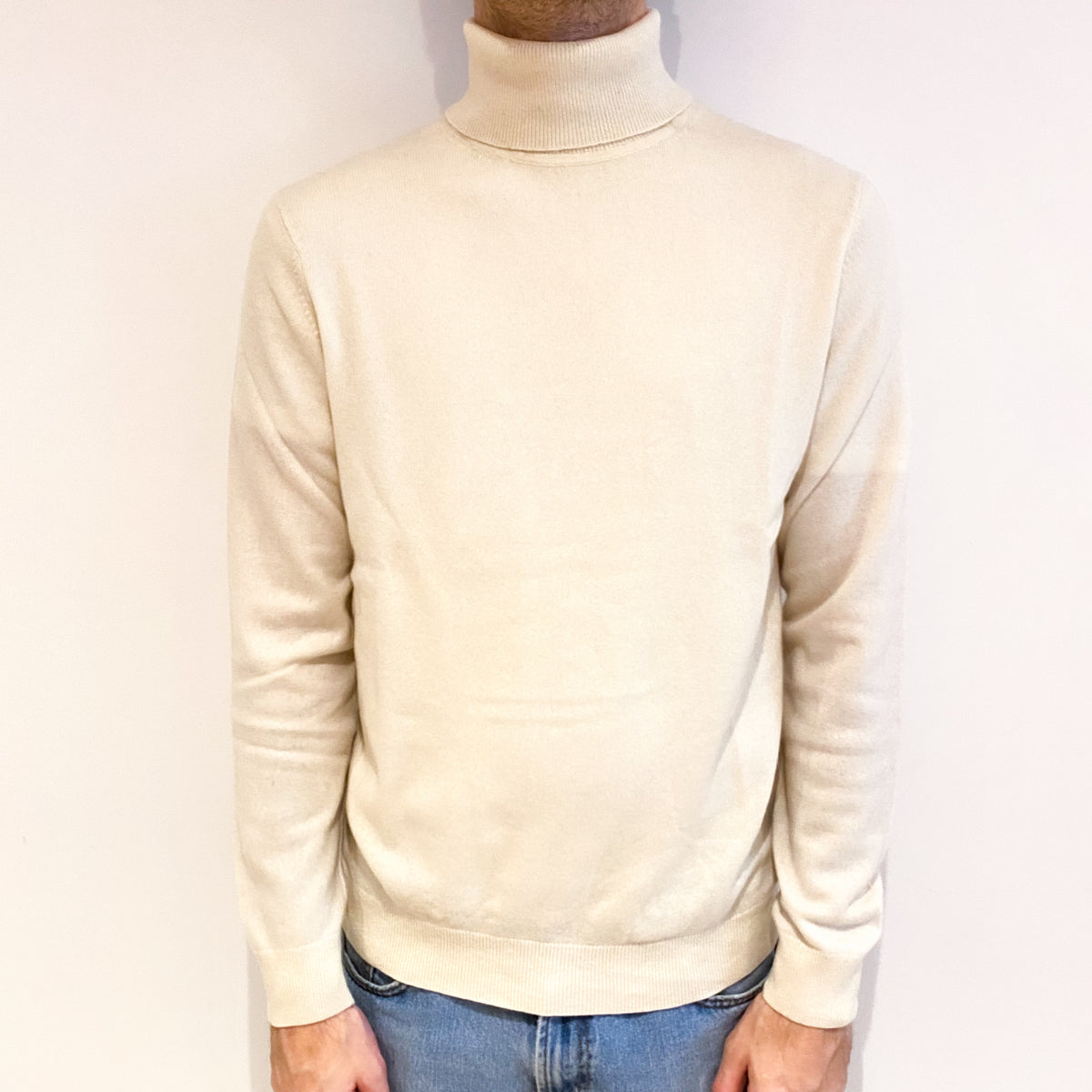 Men's Vanilla Cream Cashmere Polo Neck Jumper Large