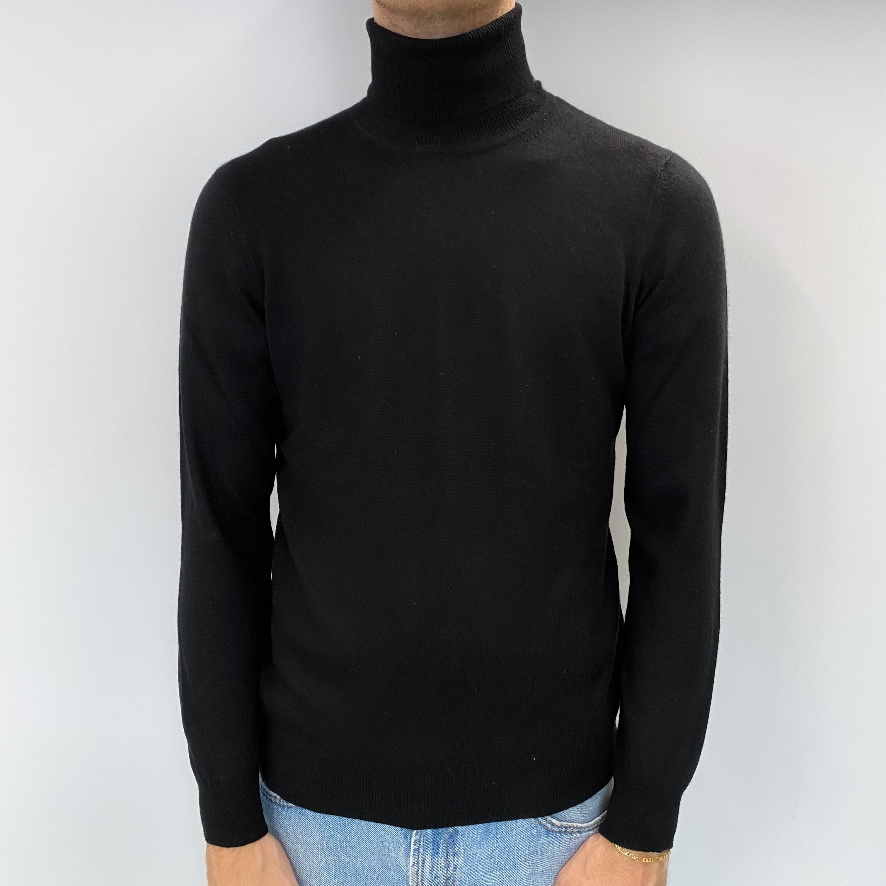 Men's Black Cashmere Polo Neck Jumper Medium