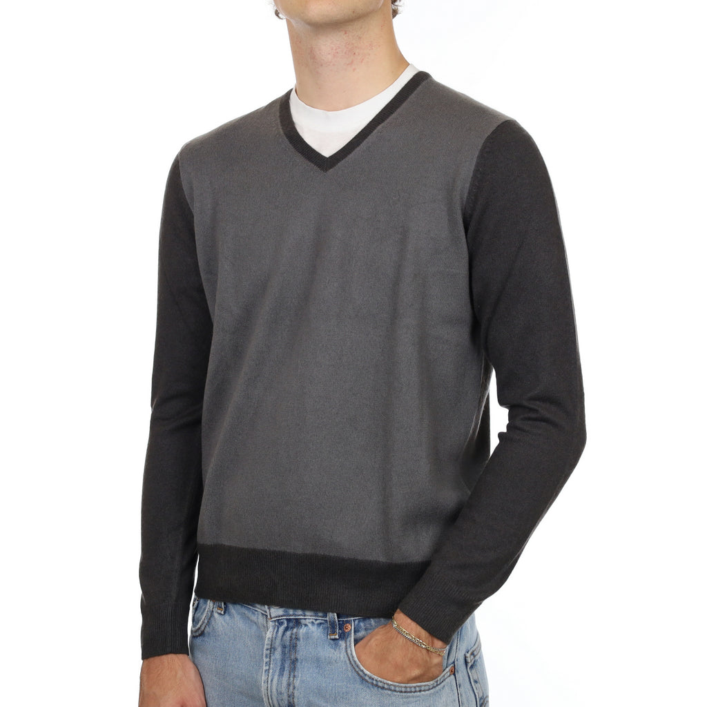 Men's Grey Colour Block  Cashmere V Neck Jumper Medium