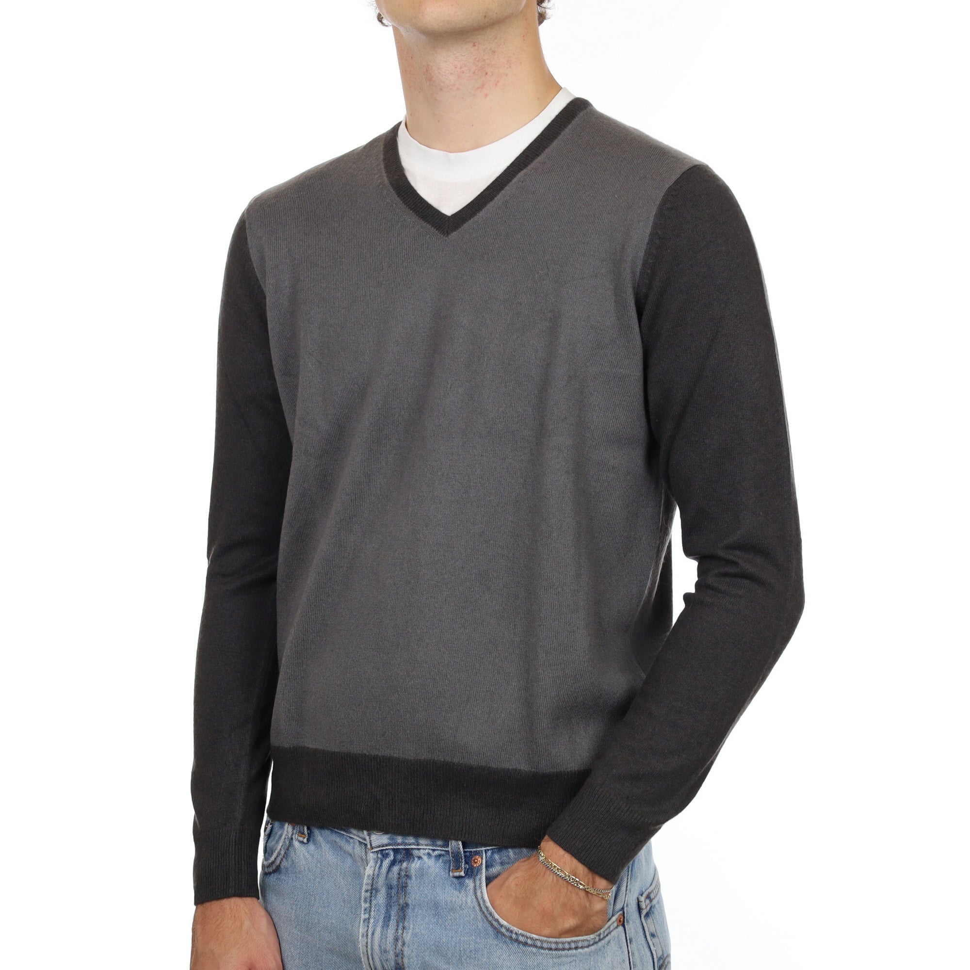 Men's Grey Colour Block  Cashmere V Neck Jumper Medium