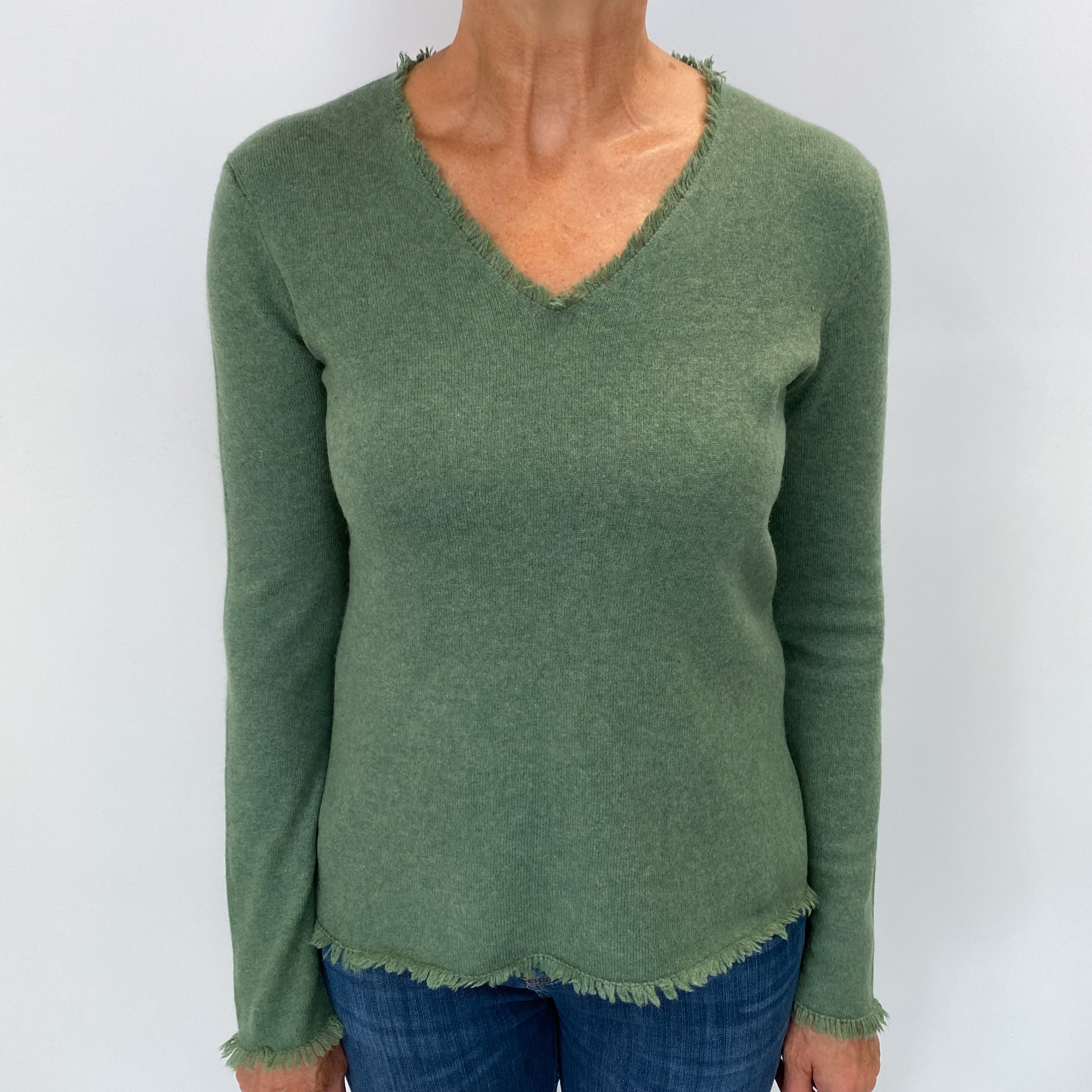 Fern Green Cashmere V Neck Jumper Medium