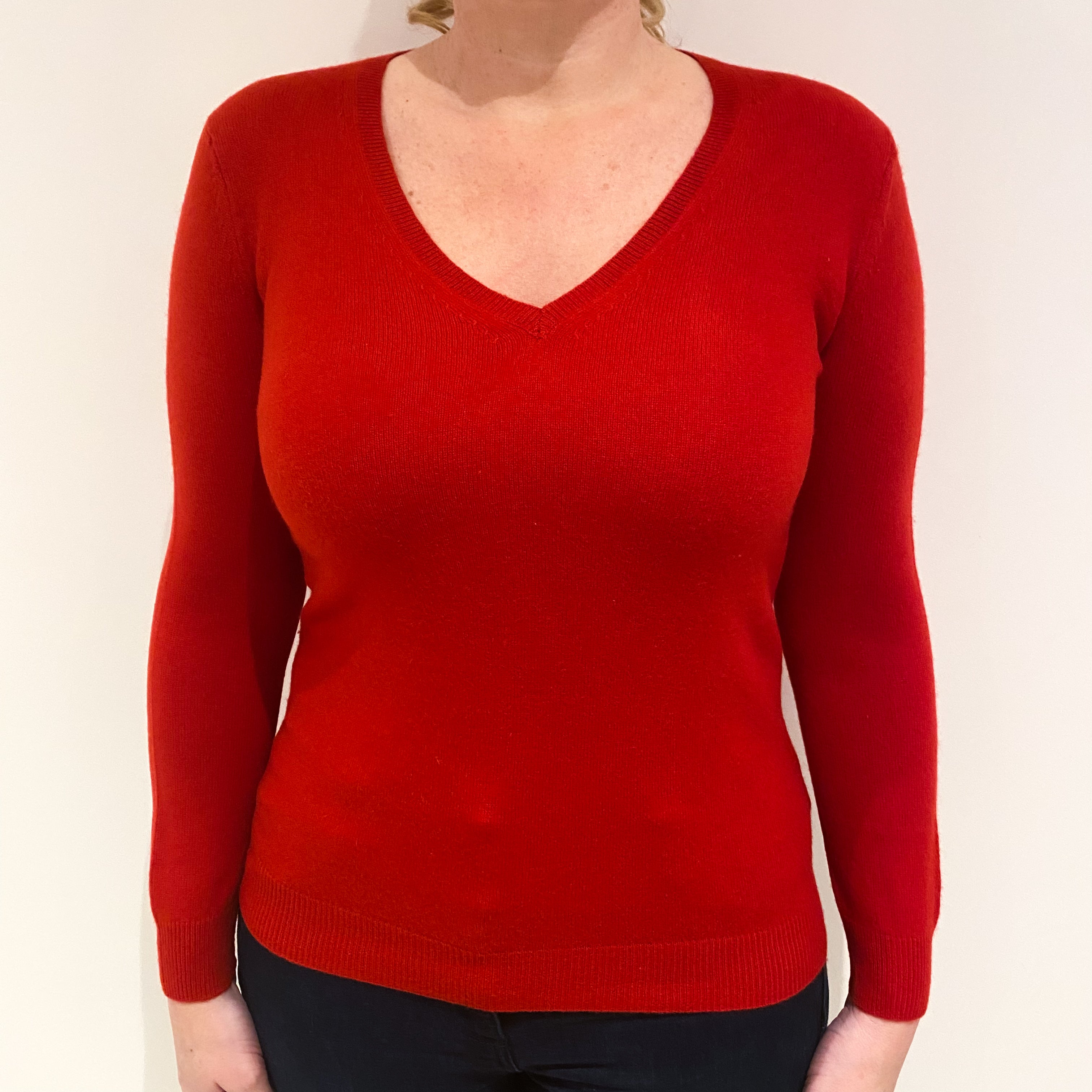Scarlet Red Cashmere V Neck Jumper Large