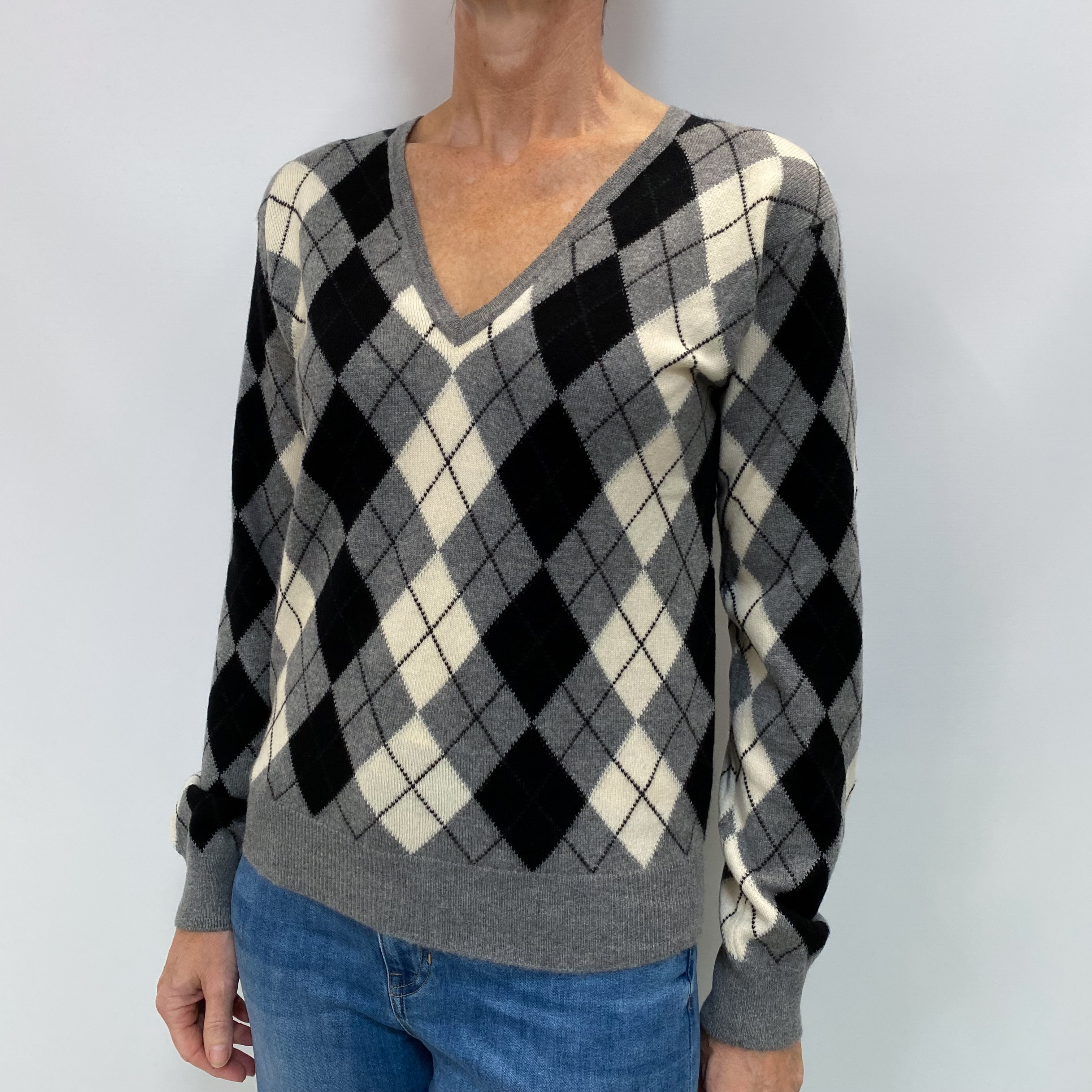 Vintage Pringle Grey Argyle Cashmere V Neck Jumper Small