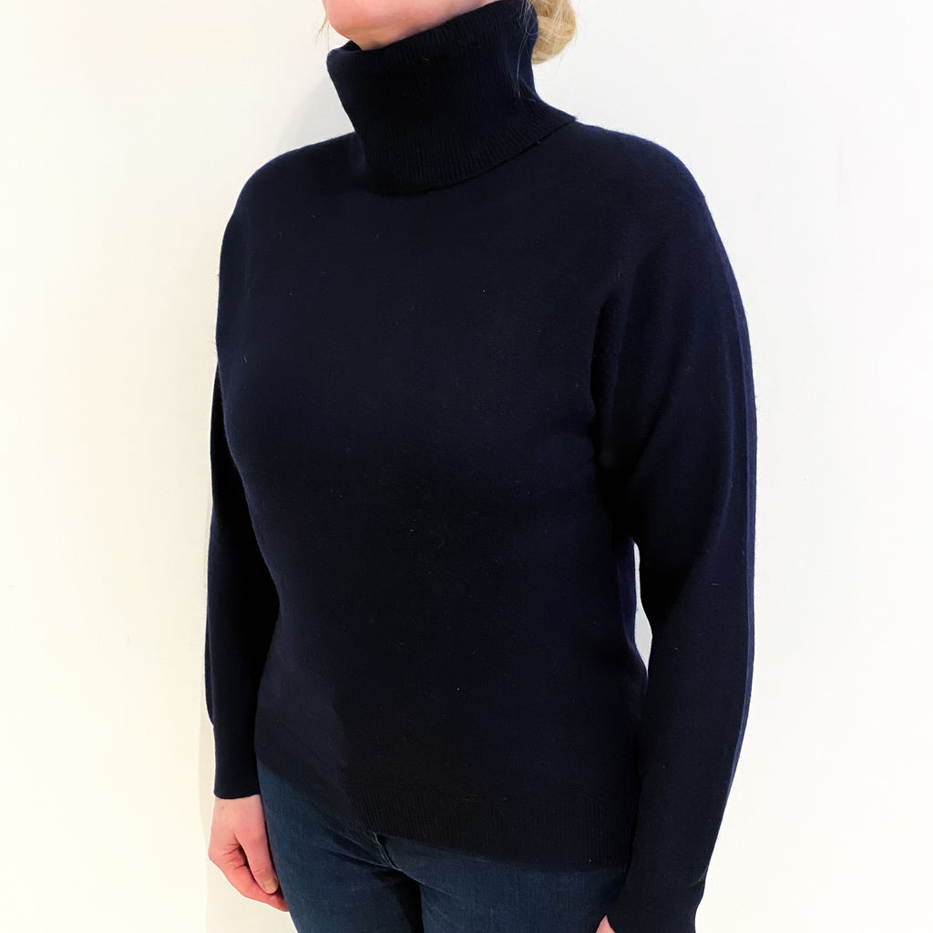 Scottish Navy Blue Cashmere Polo Neck Jumper Large