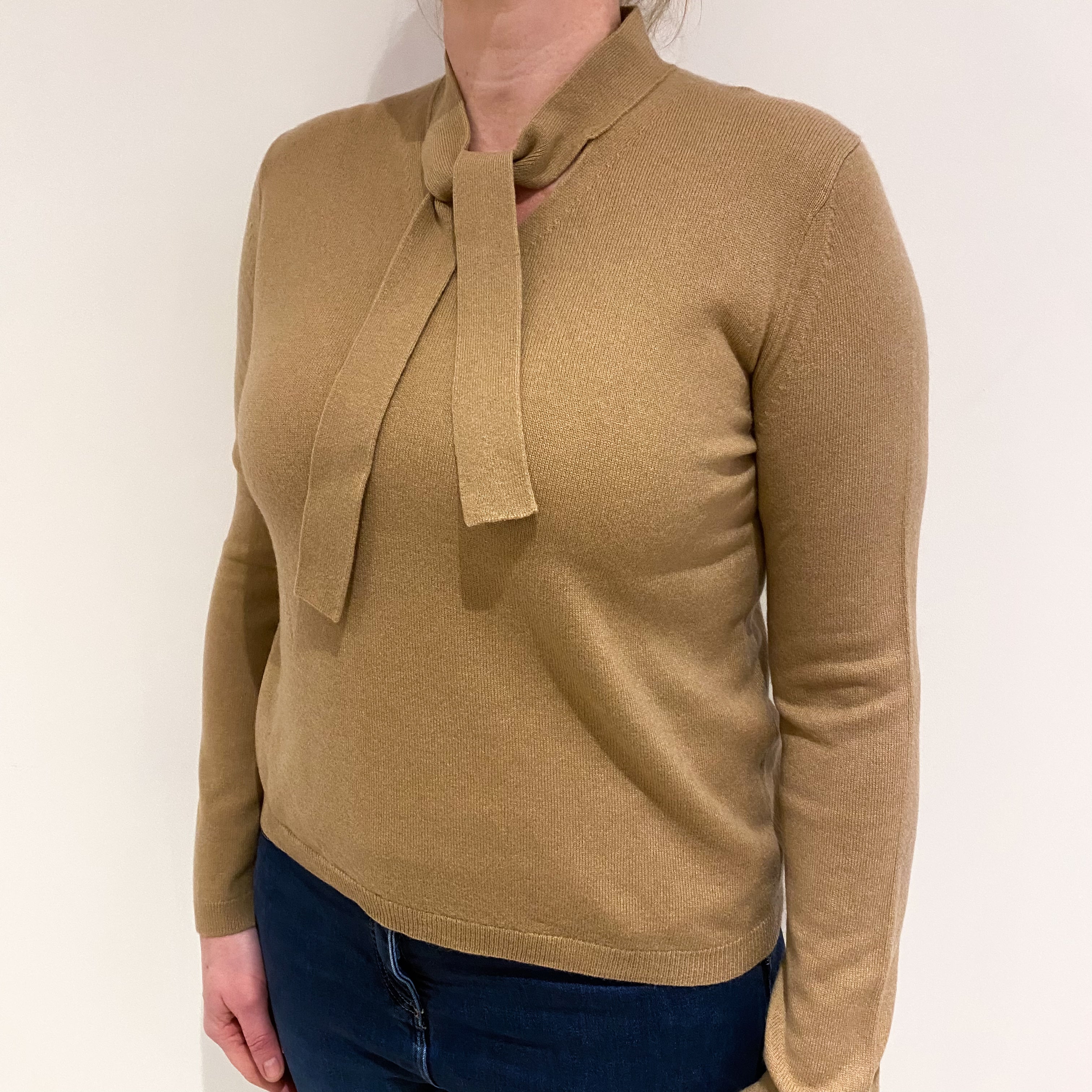 Camel Brown Cashmere Neck Tie Jumper Large