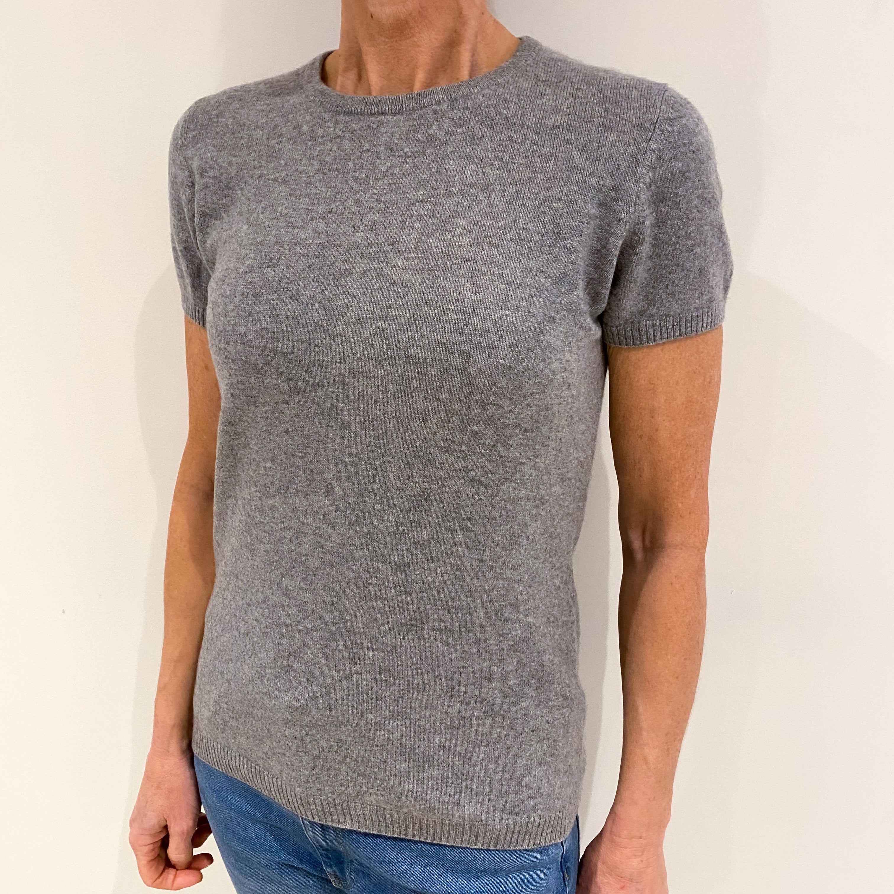 Steel Grey Cashmere Short Sleeved Crew Neck Jumper Small