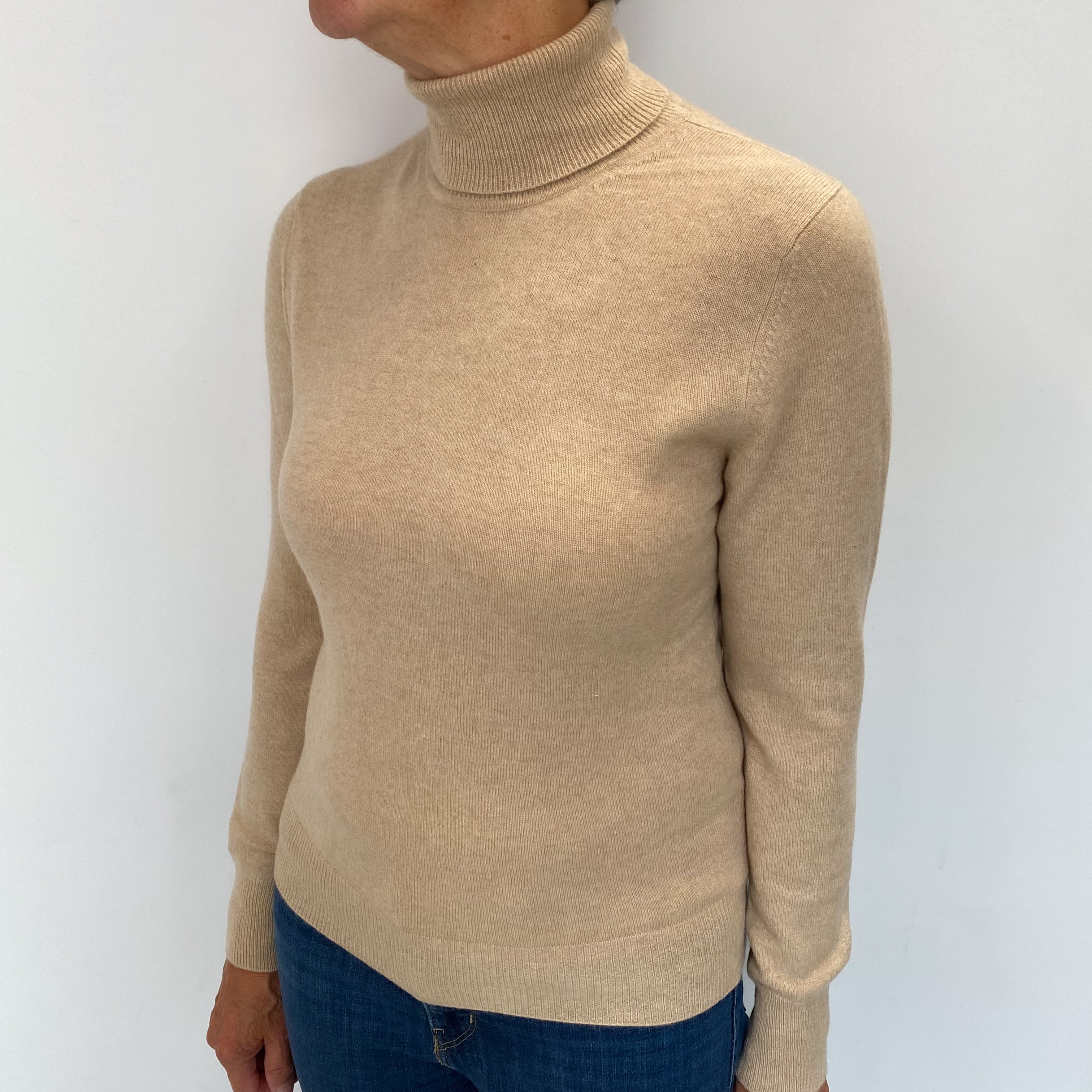 Sand Beige Cashmere Polo Neck Jumper Medium