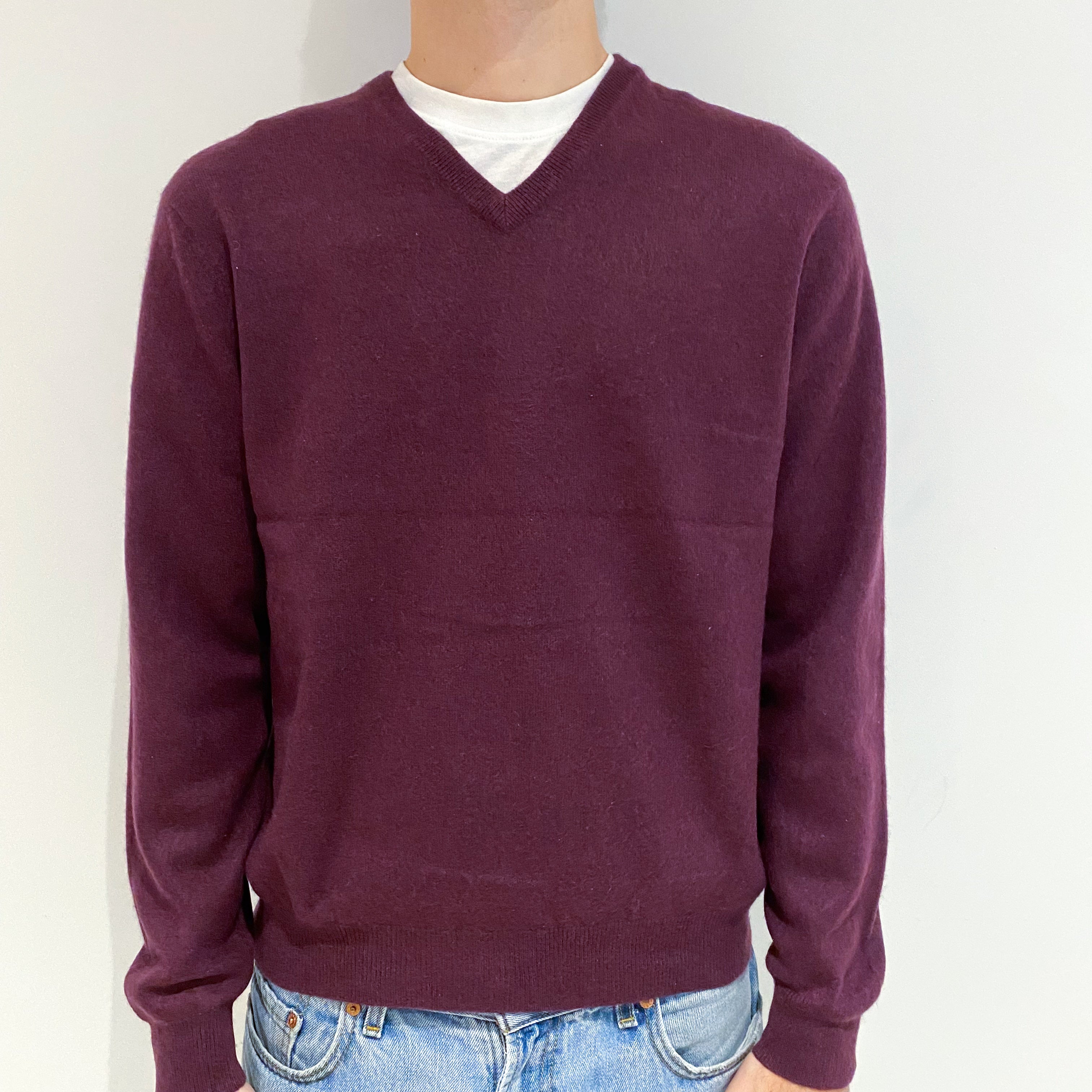 Men's Aubergine Purple Cashmere V-Neck Jumper Large