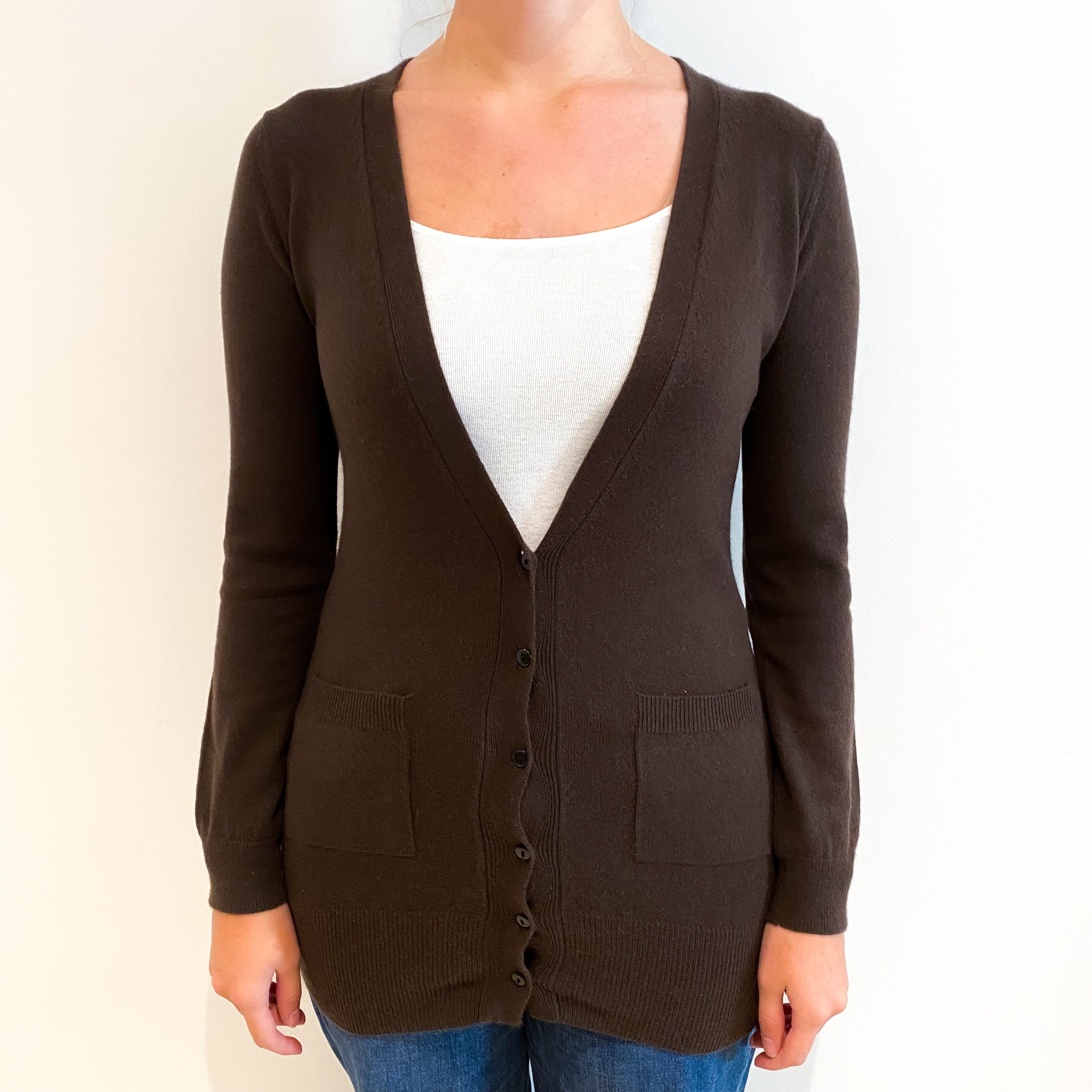 Chocolate Brown Cashmere V-Neck Cardigan with Pockets Small