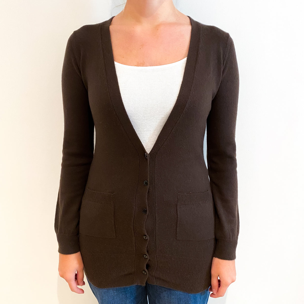 Chocolate Brown Cashmere V-Neck Cardigan with Pockets Small