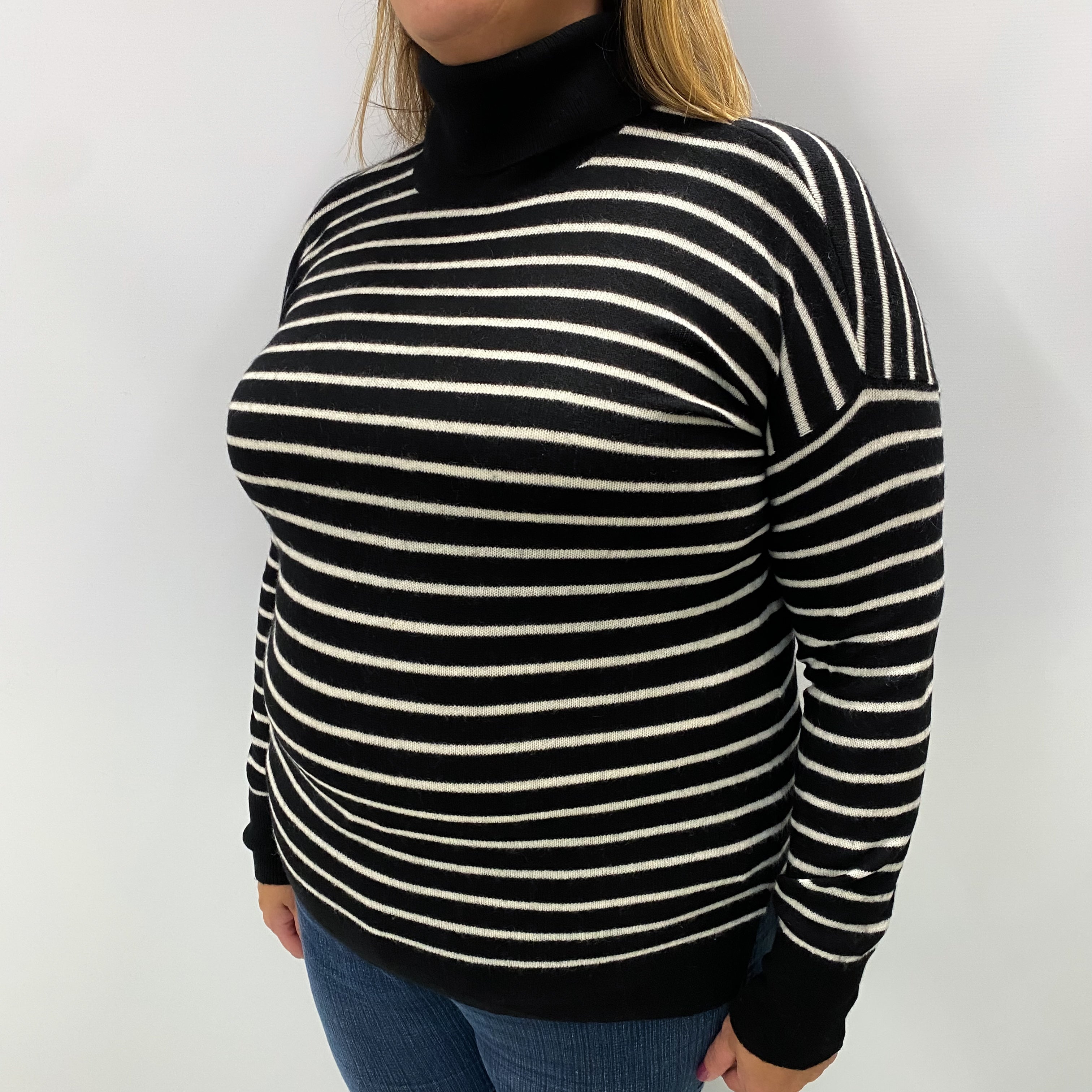 Black and White Striped Cashmere Polo Neck Jumper Extra Large