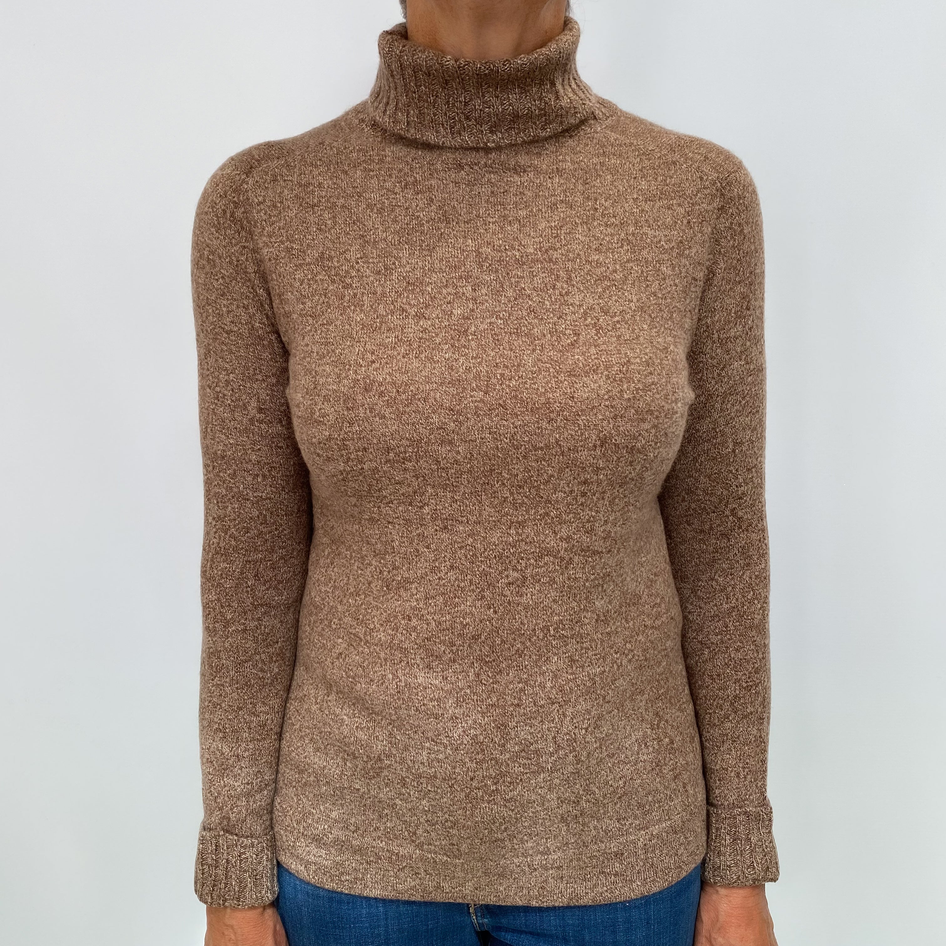 Walnut Brown Marl Cashmere Polo Neck Jumper Medium