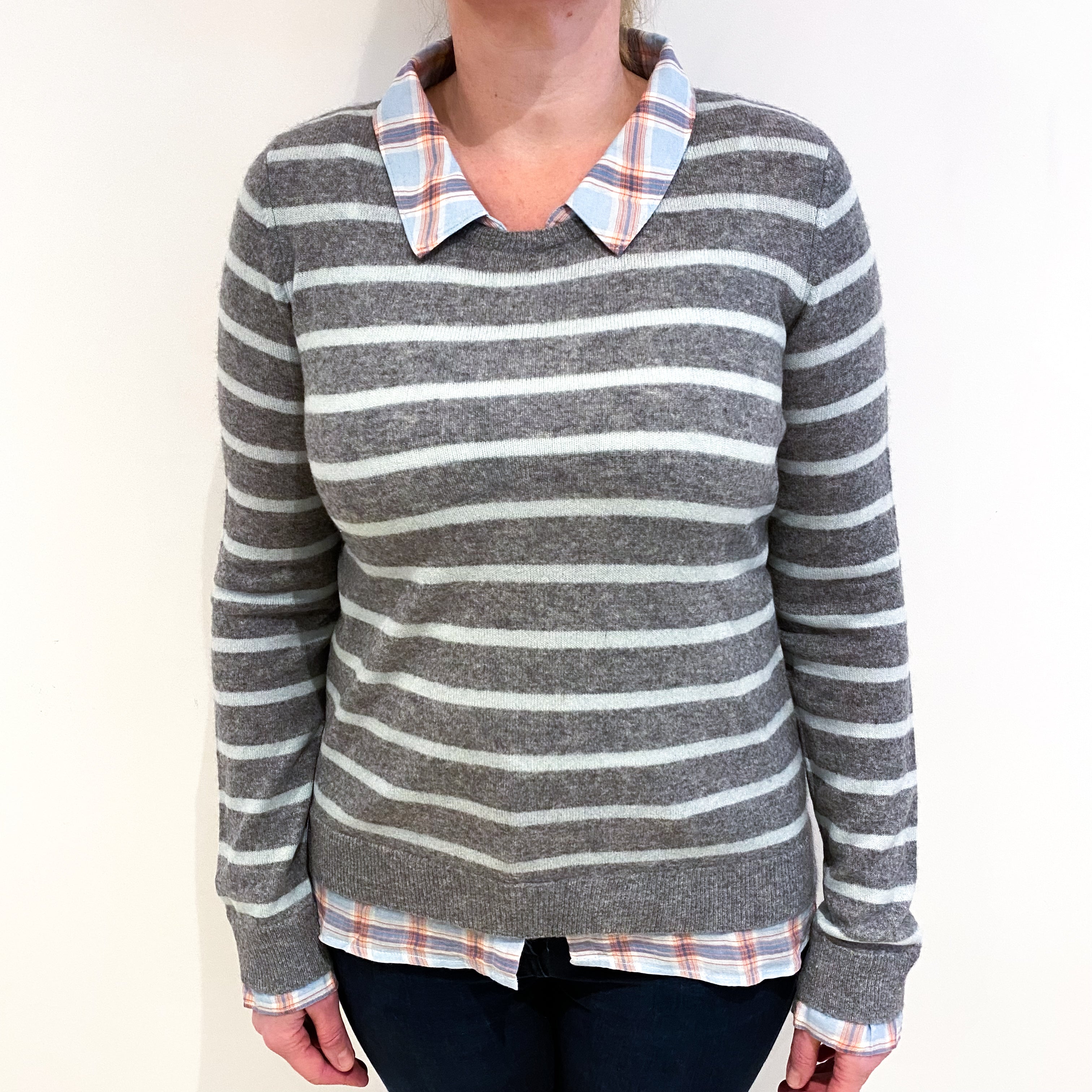 Grey Mint Stripe Cashmere Crew Neck Jumper with Mock Shirt Large