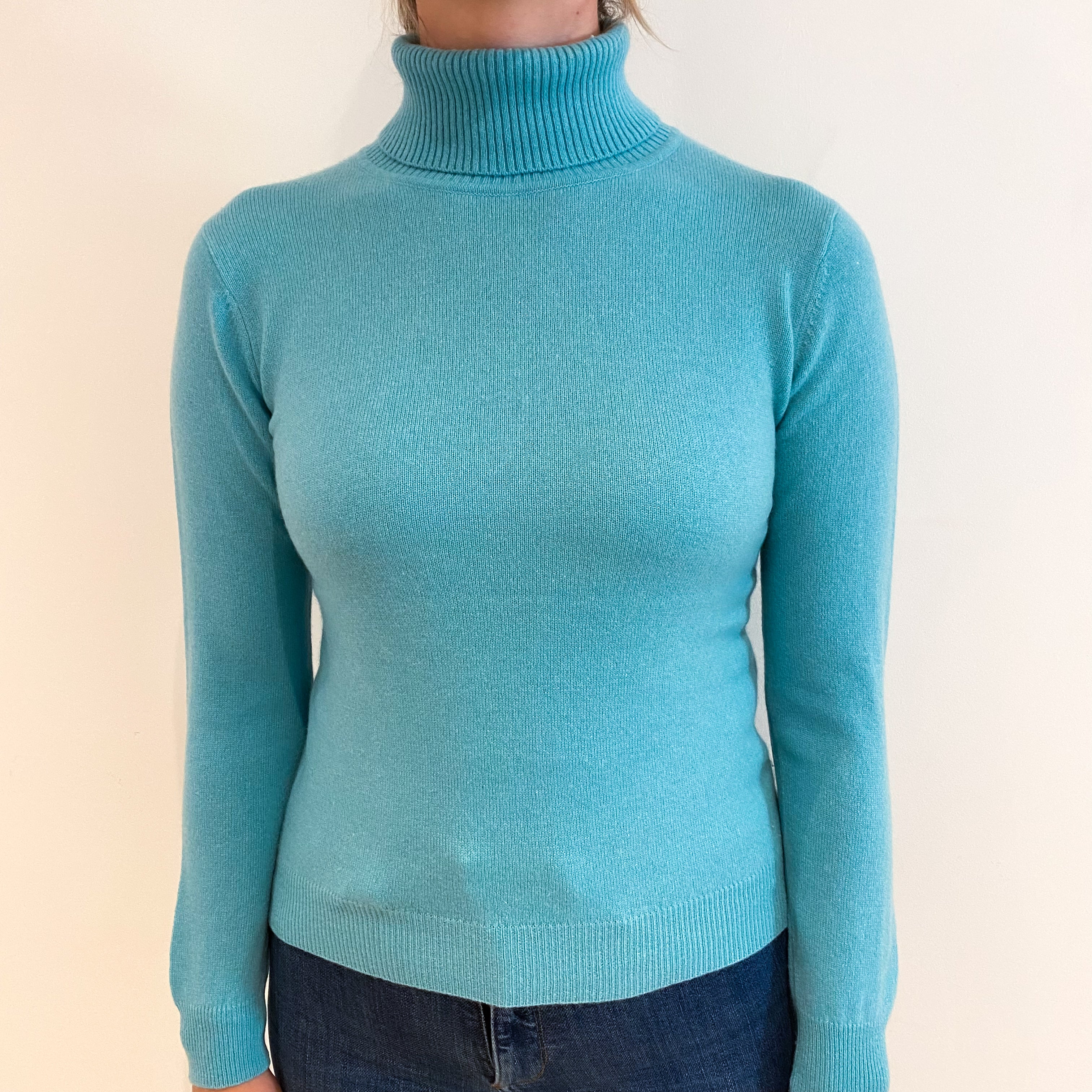 Aqua Green Cashmere Polo Neck Jumper Small