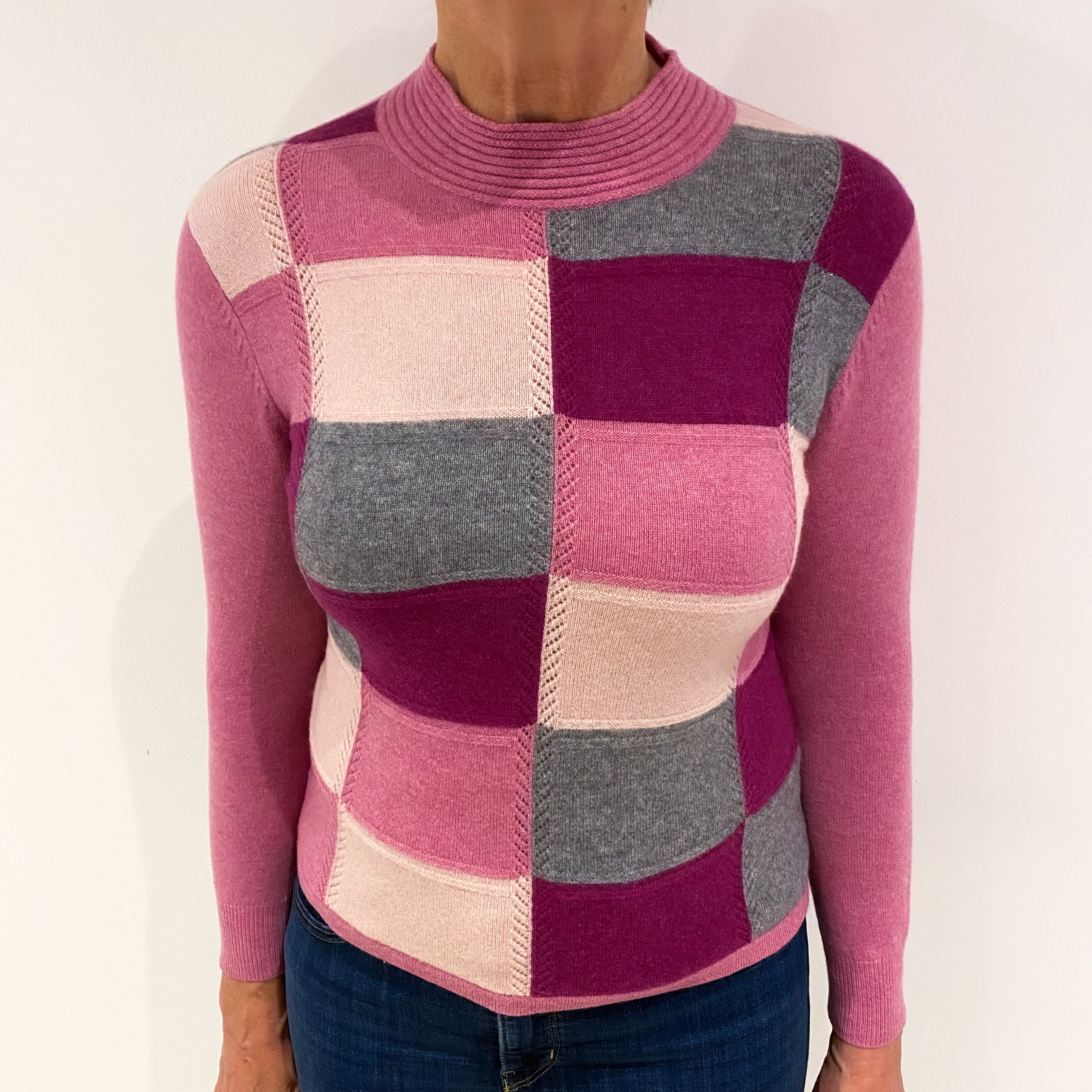 Pink and Grey Checked Cashmere Turtle Neck Jumper Medium