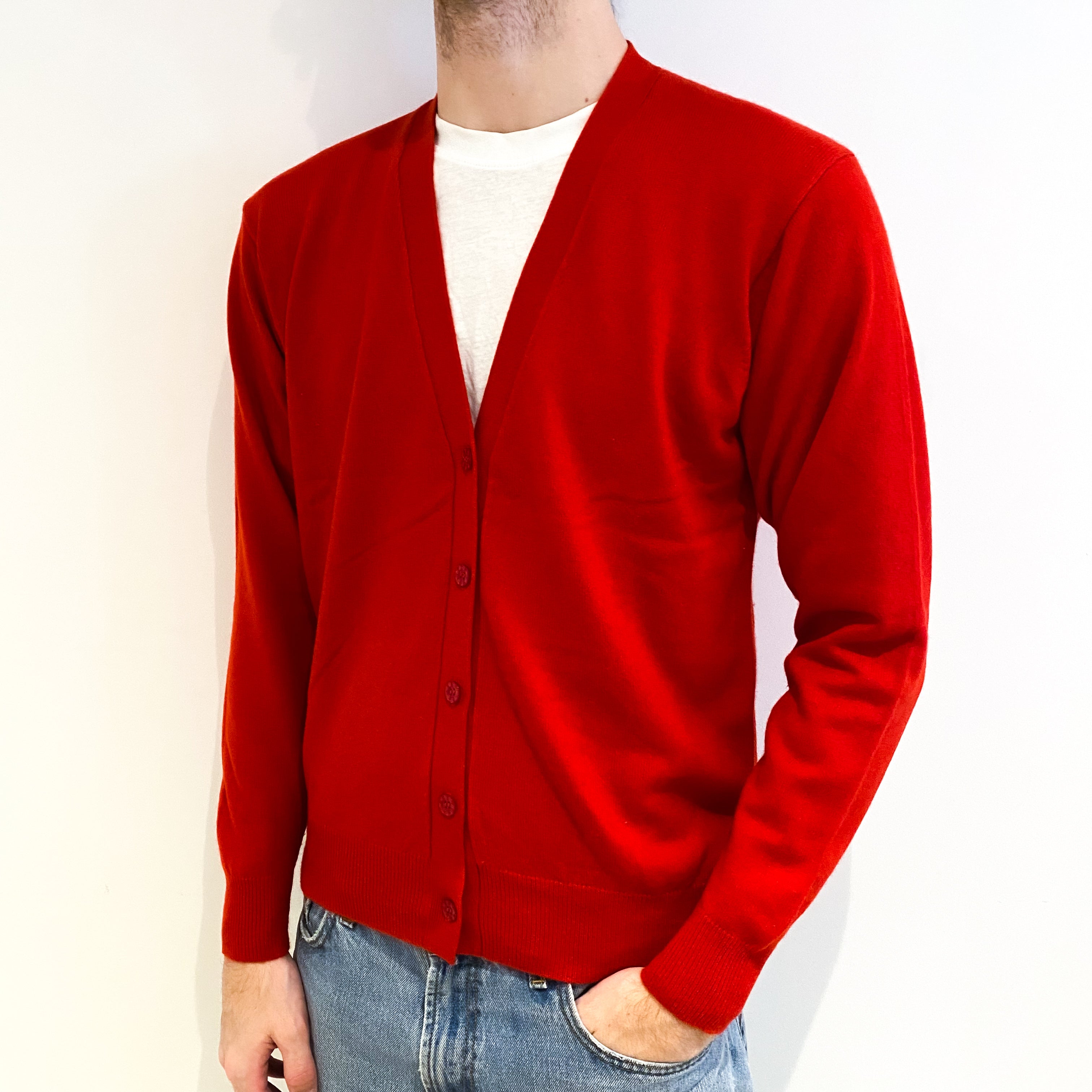 Men's Vermillion Red Cashmere V Neck Cardigan Medium